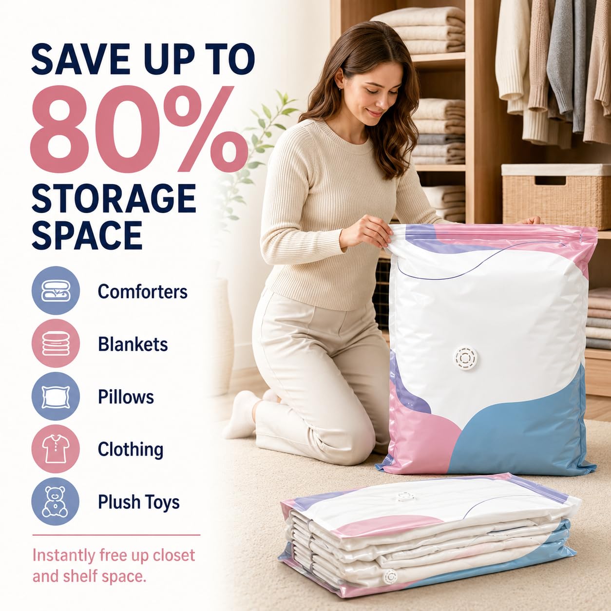 Bolsas De Almacenamiento De Vacío Sin Bomba, Bolsas de compresión herméticas, Organizador De Autocompresión De Ahorro De Espacio Para Ropa,Acogedores (6 unidades, 80 x 100 cm)