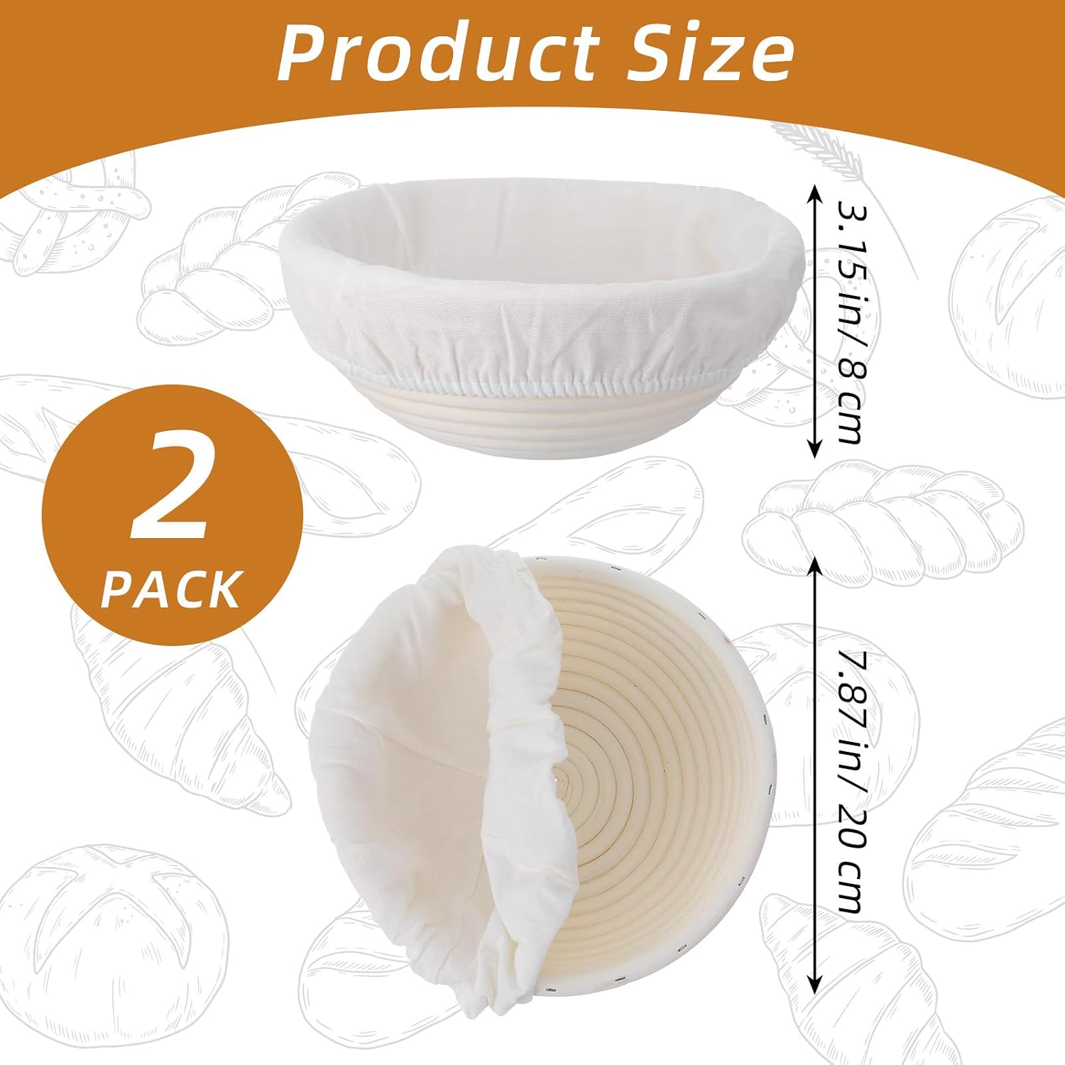 2-Pack Sourdough Bread Proofing Basket & Banneton Bread Proofing Basket Set with Liners, 8" Round Rattan Dough Bowls (7.87"x3.15") for Artisan Baking