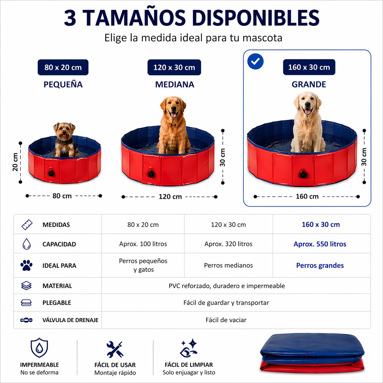 Piscina para Perros 160x30cm - Piscinas Desmontables - Piscina Desmontable - Piscina Perros - Piscinas para Perros - Bañera Perro - Mascotas - Baño para Perros - Refrescar Mascotas - Piscina Rigida