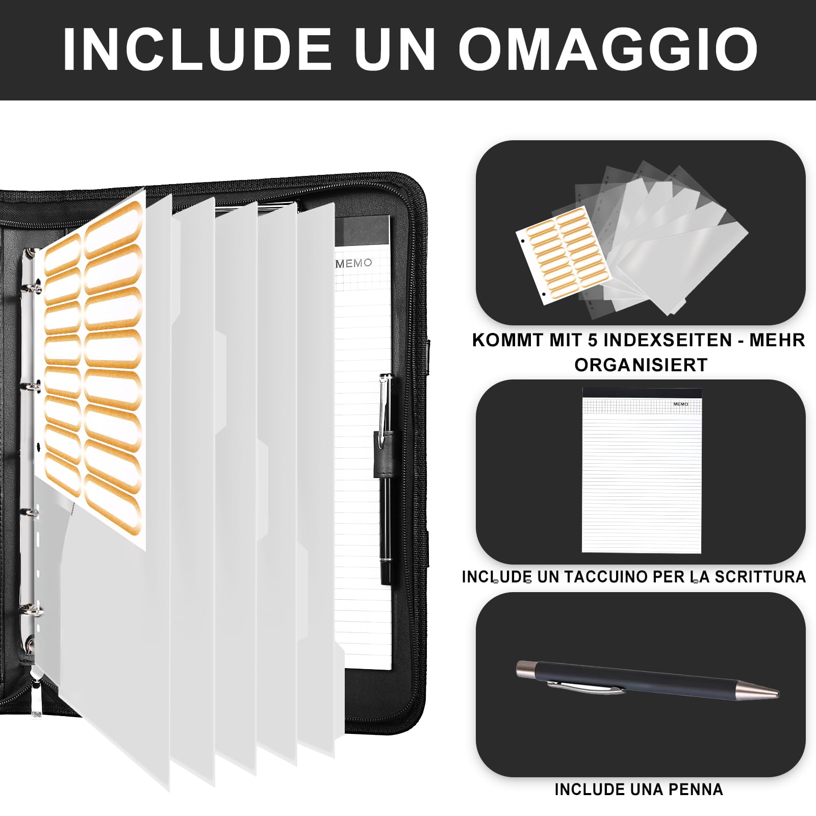 Leathario Cartella Portadocumenti A4 Pelle Vegana con Maniglia Quaderno Raccoglitore ad Anelli per Colloqui Viaggi Riunioni