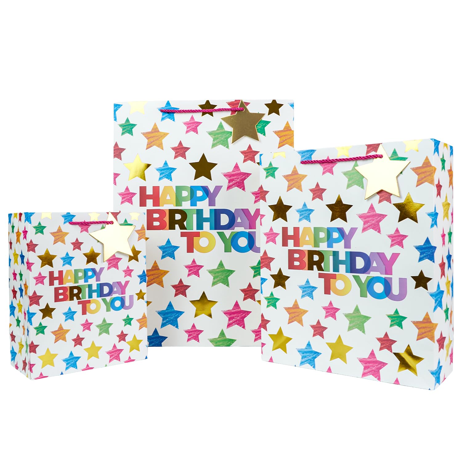 Happy Birthday Gift Bag Bulk,3Pcs Assorted Sizes Gift Bags with Handle and Gift Tag for Adults Kids Birthday Present (White)