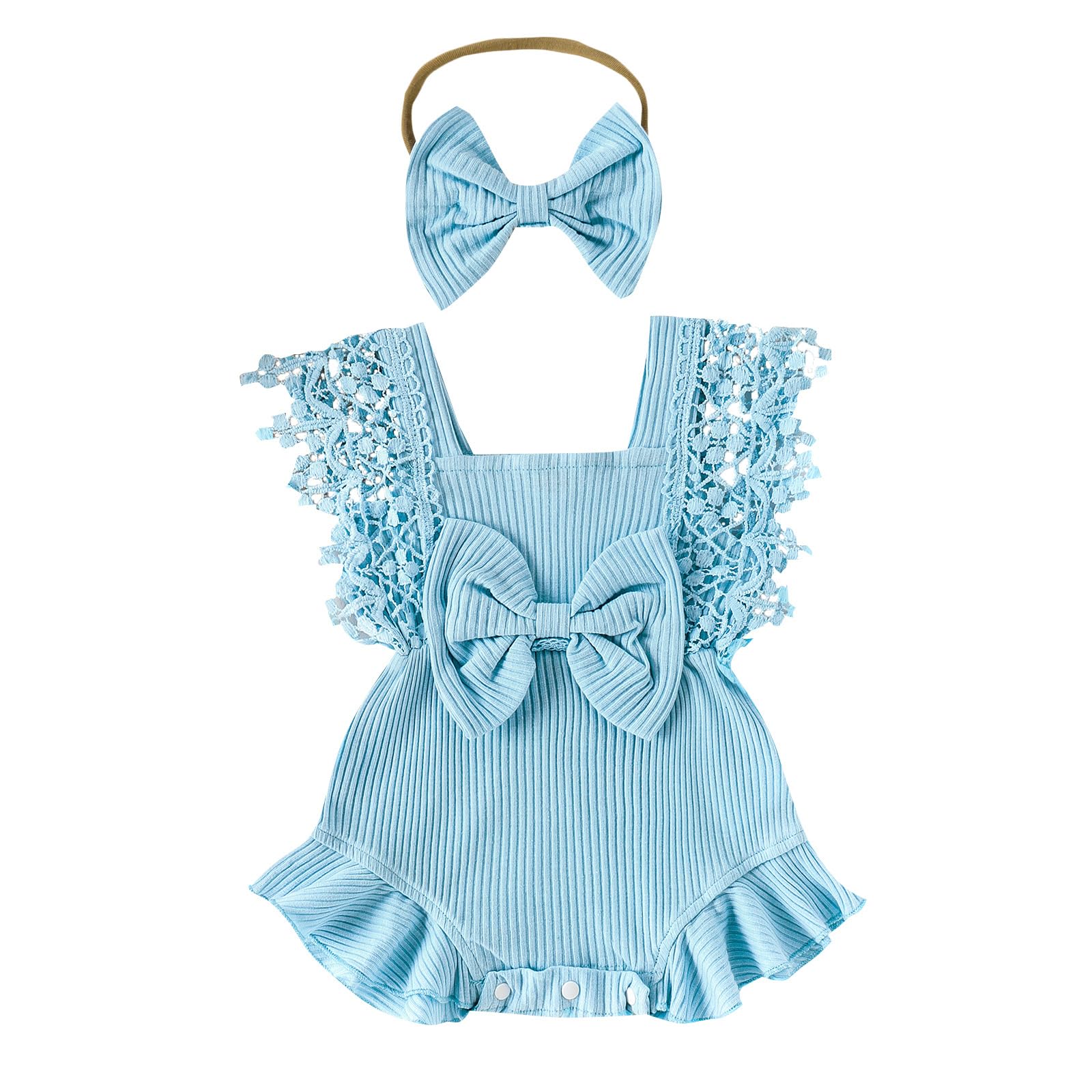 Yoawdats Baby Girl Lace Romper Sleeveless Ruffle Bow Decorated Romper Jumpsuit Bodysuit with Headband Newborn Baby Clothes