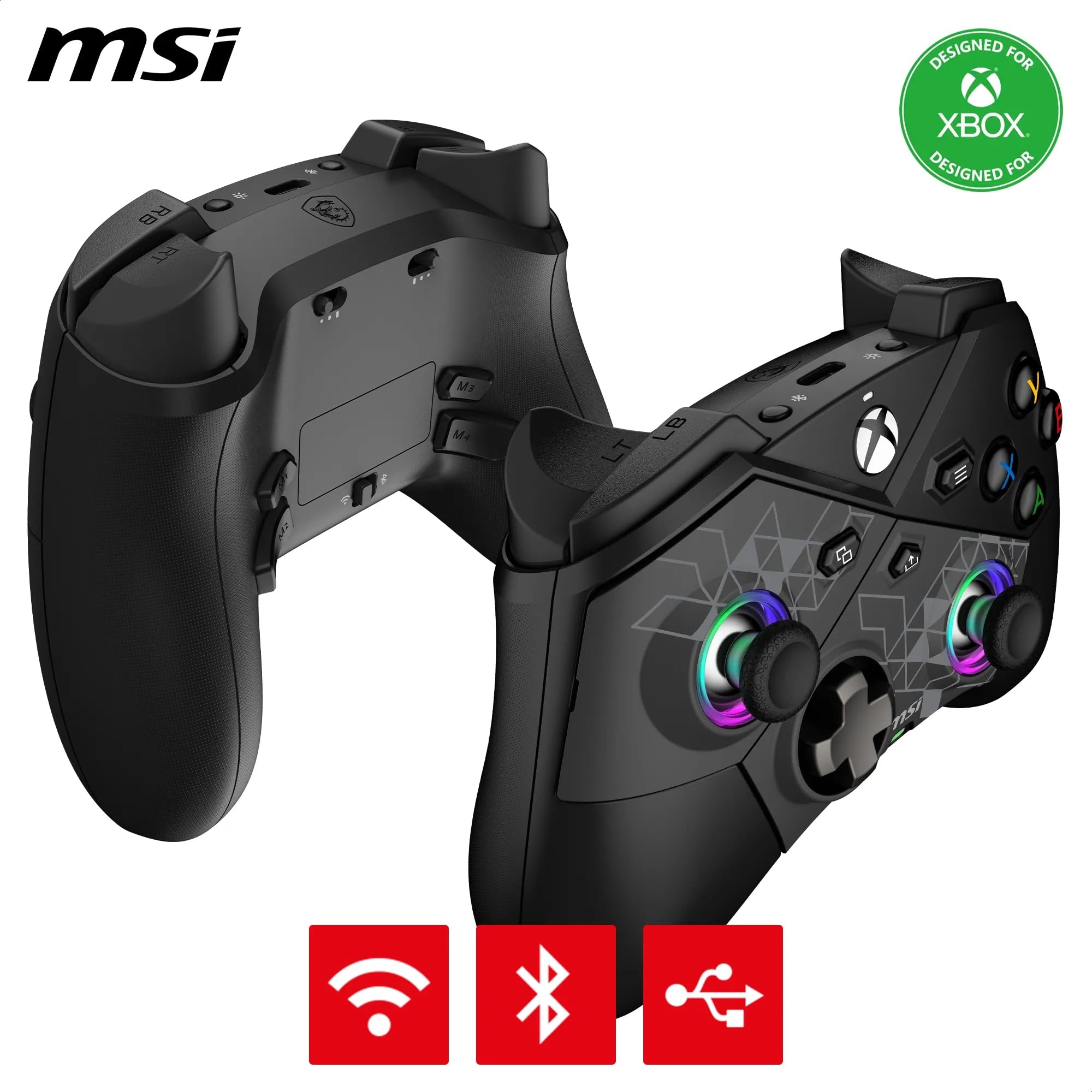 MSI FORCE PRO W - Mando Gaming Inalámbrico y Alámbrico, Compatible con Xbox Series/Xbox One/PC/Android, Control Analógico/Digital, Negro, RGB, Botones Programables, 275g