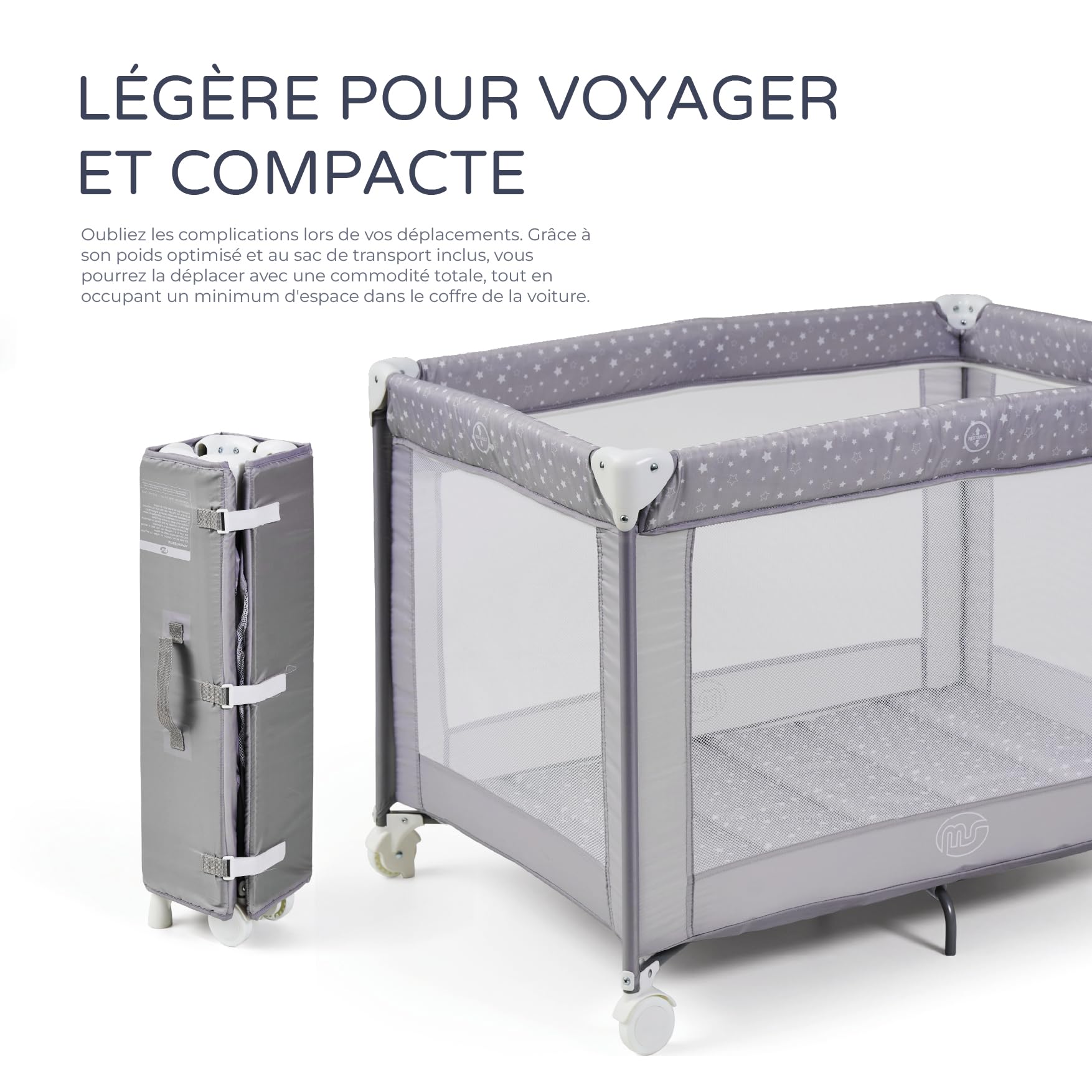 ms BabyWorld Kunni – Lit de Voyage pour Enfants à 2 Hauteurs | 100x70 cm | De la Naissance à 15 kg | Matelas et Sac de Transport Inclus | Pliage et Montage Faciles | Léger et Roues (Bleu)