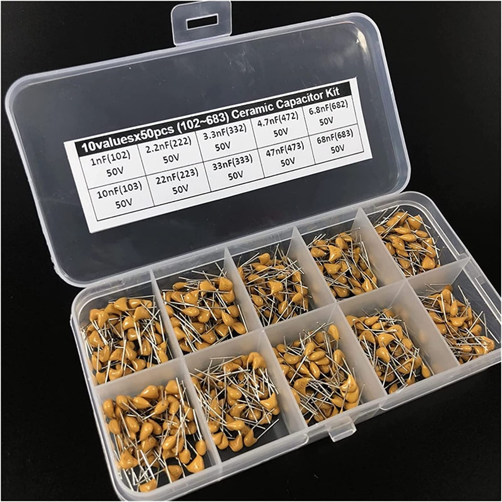Accesorios electrónicos Kit de condensadores Kit de condensadores cerámicos monolíticos/multicapa 50V 0.1uF 10pF~10uF P=5.08mm 30Valuesx50 Total 1500pcs con condensadores de caja Dispositivos electrón