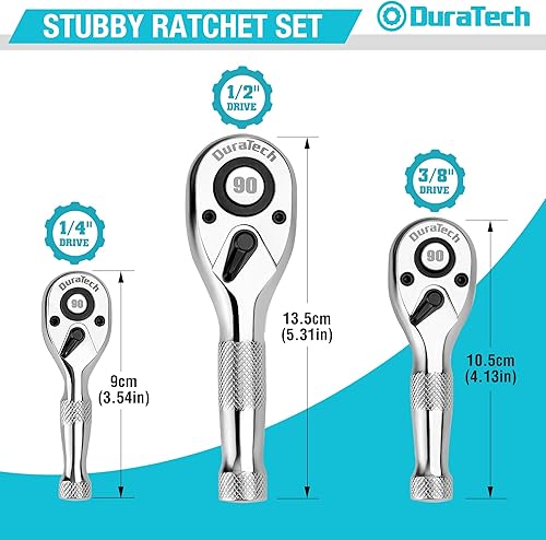 Miniatura 2 de DURATECH Juego de 3 llaves de trinquete rechonchas, 90 dientes 14 pulgadas 38 pulgadas 12 pulgadas, mini trinquete pequeño con cabeza CR-MO, diseño