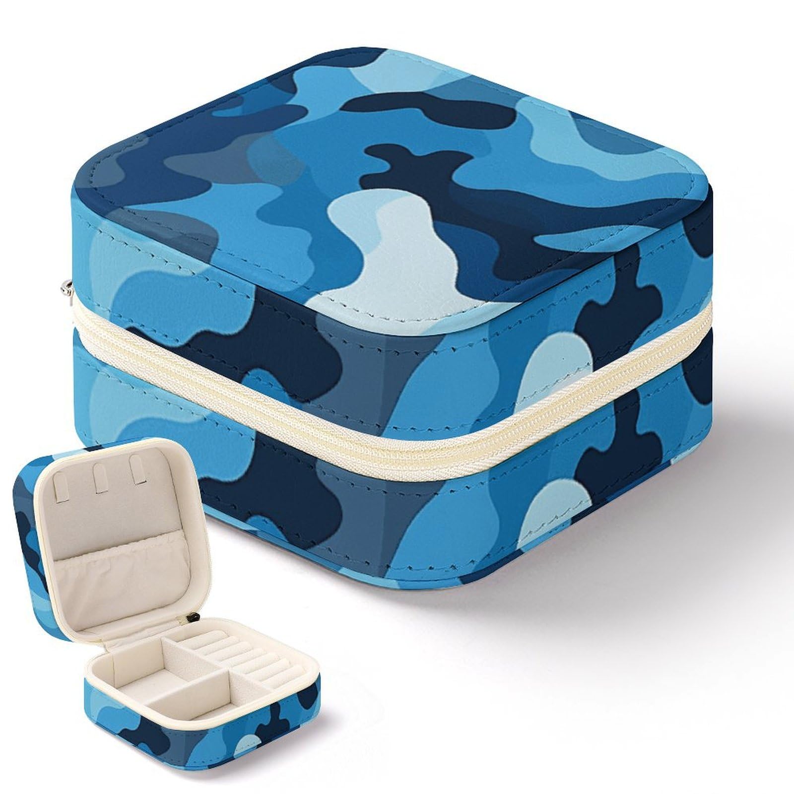 Mini boîte à bijoux portable anti-nœuds : coffret camouflage bleu pour colliers