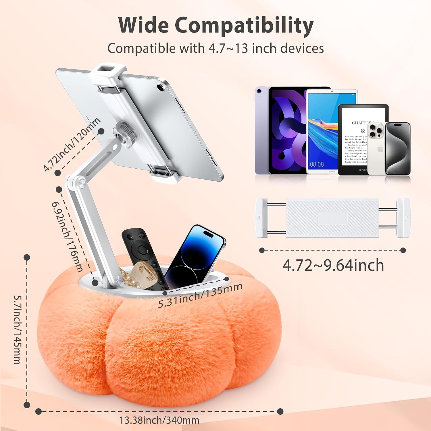 CreaDream Pumpkin Tablet Pillow Stand, Adjustable Pillow Stand for Lap Bed | Detachable Snack Bowl, Fits 4.7"-13" Kindle, Tablets, iPad, Soft Plush Fabric, for Reading and Relaxation on Bed, Couch