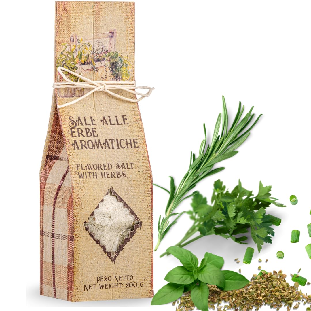 ARTIGIANI DEI SAPORI - Sicilian All-Natural Unrefined Flavored Sea Salt with Aromatic Herbs, Parsley, Rosemary, Chives, Oregano, Basil and Lemon, 7 oz