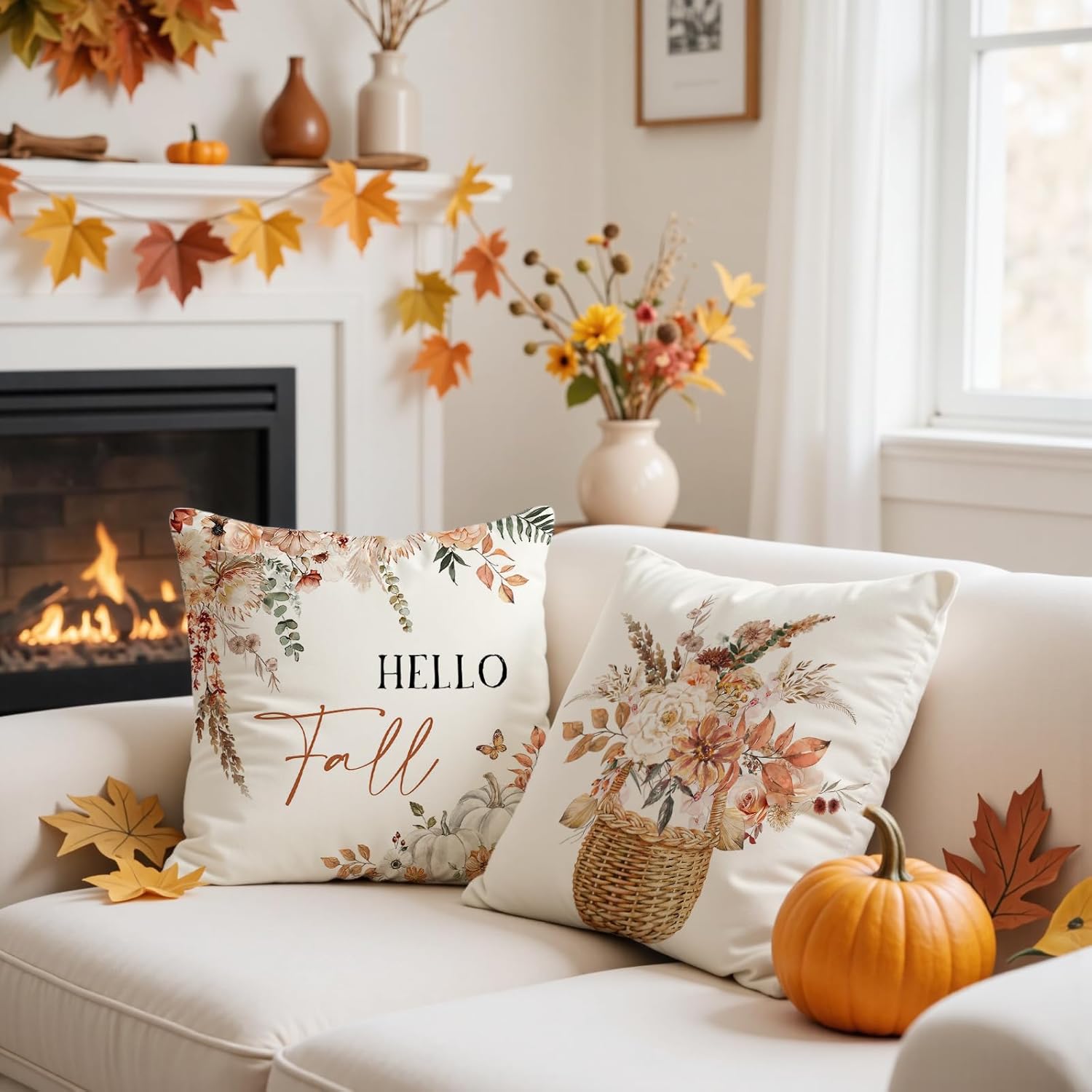 Mocsicka Fall Thanksgiving Pillow Covers 18x18 inch - Hello Pumpkin Fall Throw Pillow Covers Thanksgiving Pillow Covers Outdoor Polyester Cushion Cases for Sofa Couch Set of 4