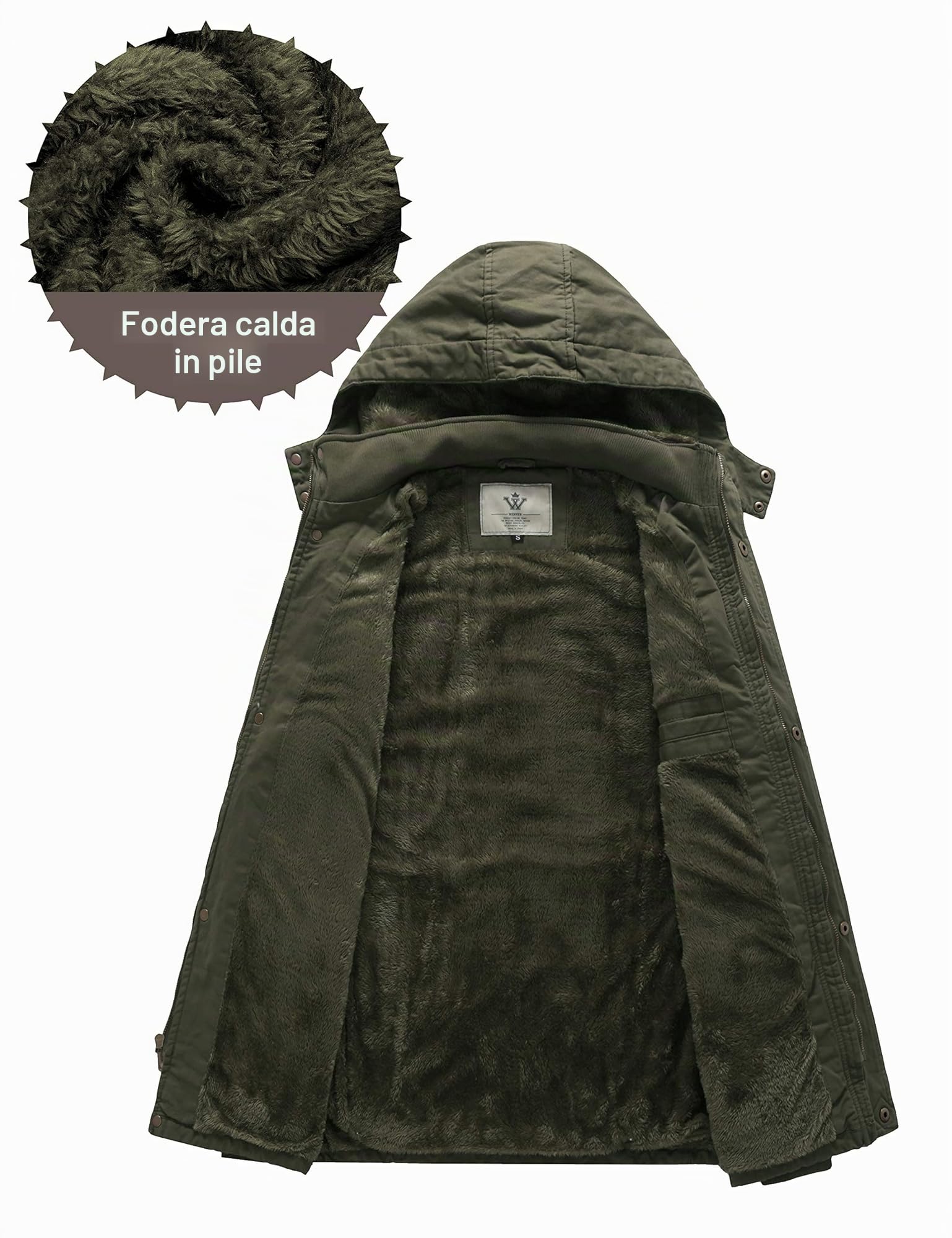 WenVen Giacca Militare Calda Invernale Cappotto con Cappuccio Staccabile a Vento Parka da Esterno Media Lunga Giubbotto Imbottito in Cotone Uomo