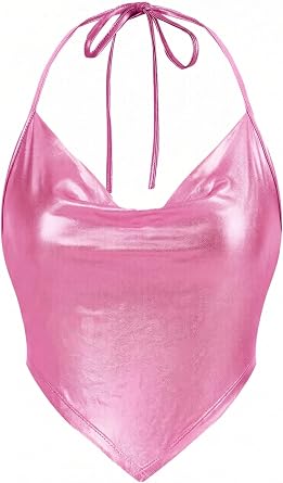 Womens Metallic Draped Front Tank Shiny Halter Top for Dancing, Raves, Festivals, Costumes
