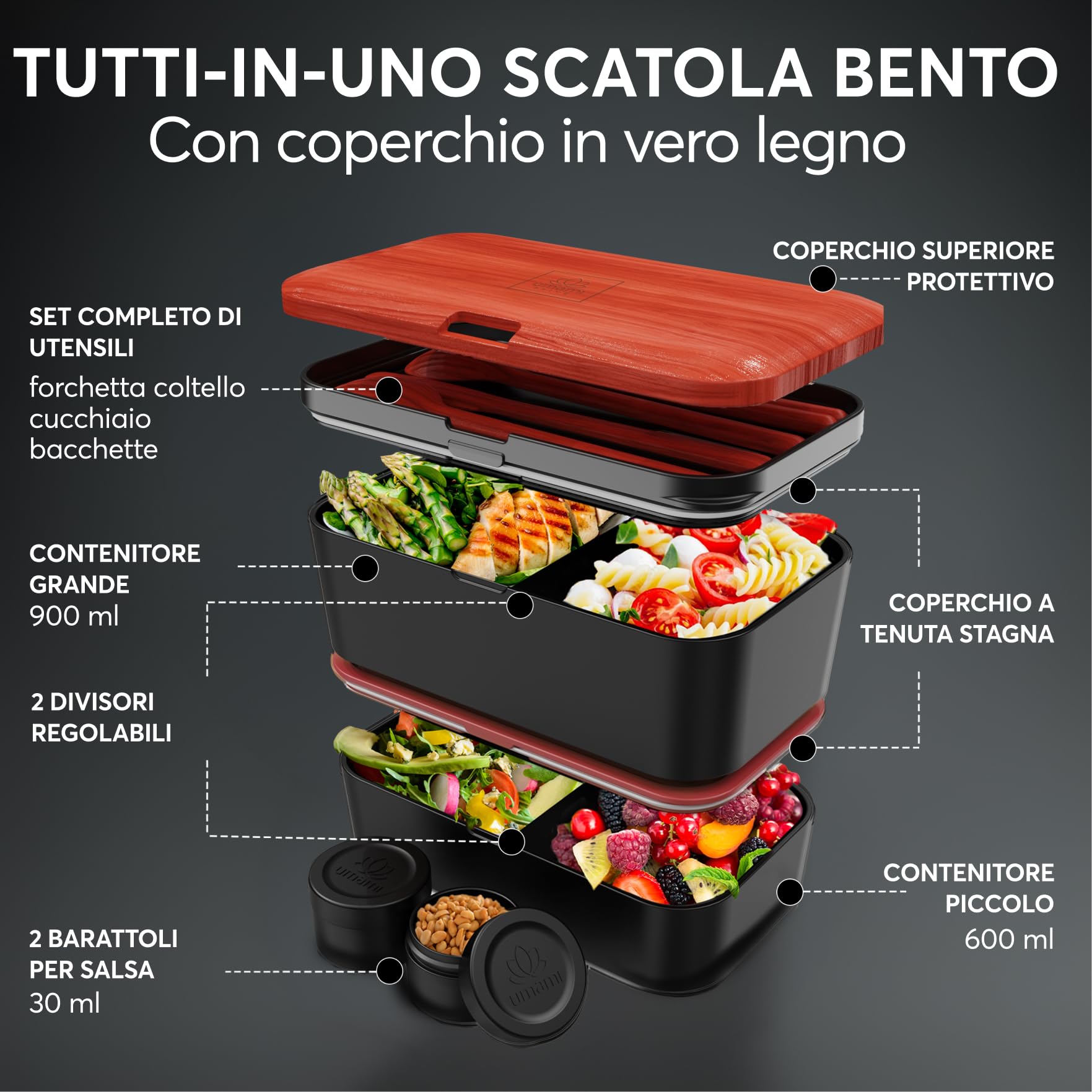 Umami Lunch Box Ermetico 4 Scomparti 1200 Ml – Portapranzo Con Posate E Barattolini Per Salsa, Microonde E Lavastoviglie, Turchese
