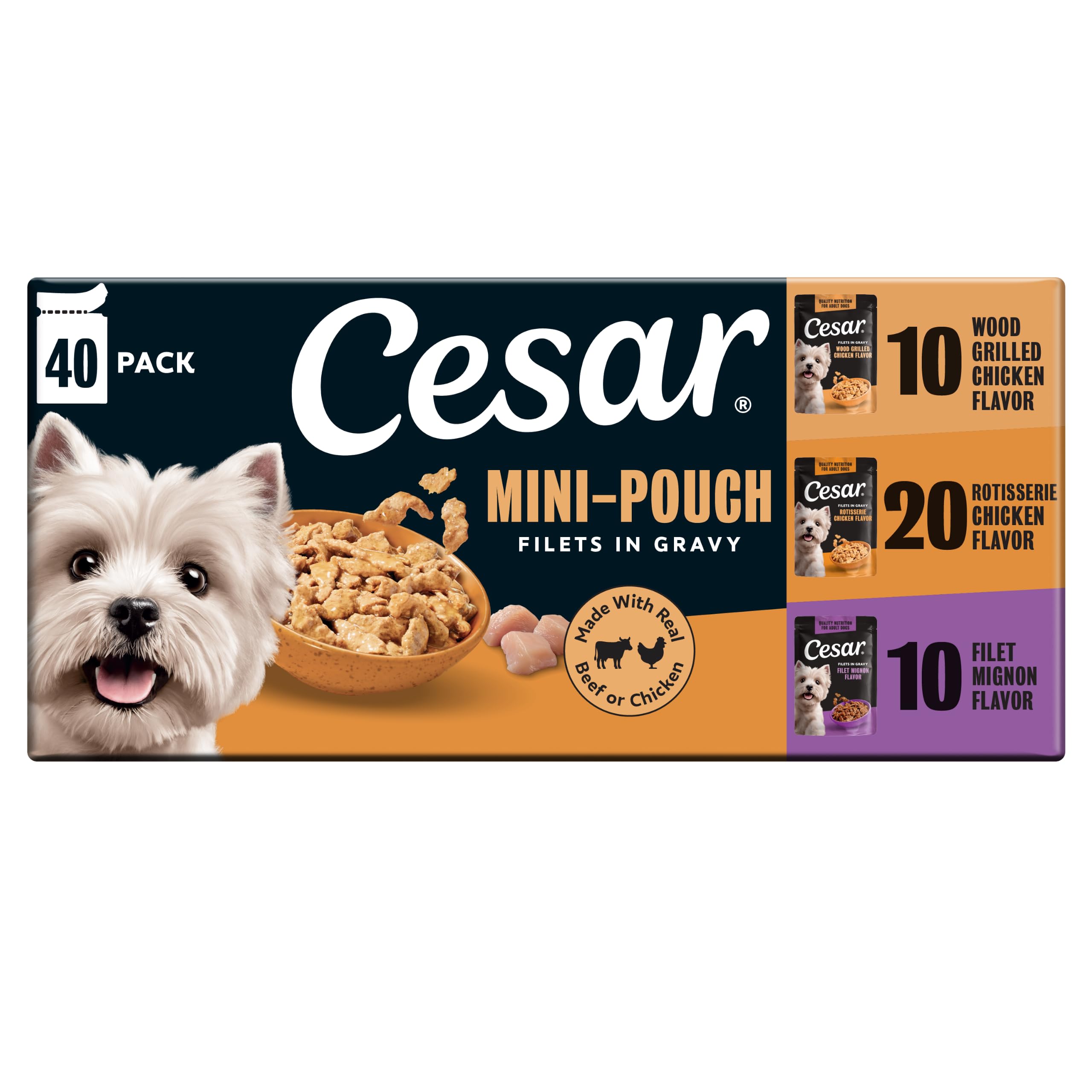 Cesar Mini-Pouch Wet Dog Food, Filet Variety Pack, 1.76 oz, 40 Count