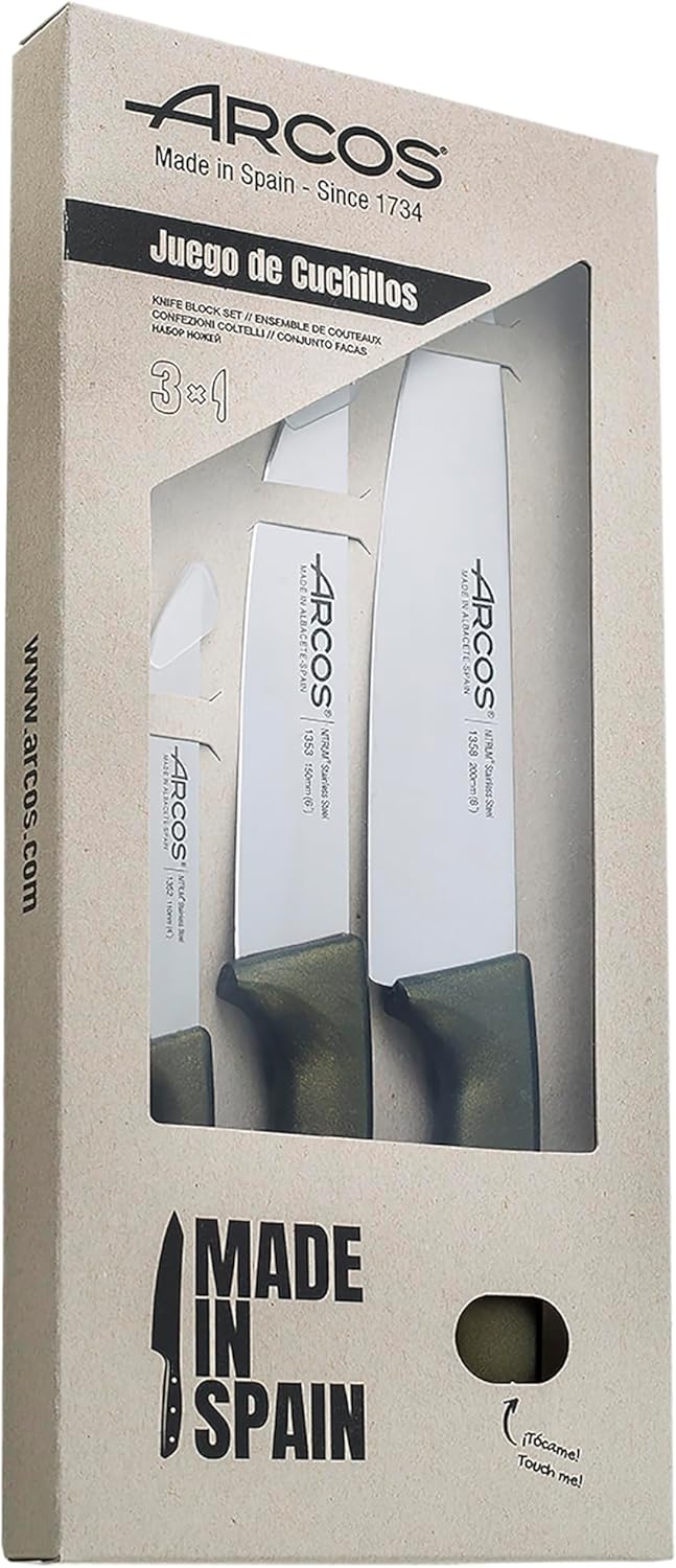 Arcos Stainless Steel Kitchen Knife Set, 3-Piece, Durable NITRUM Blades for Precise Cutting, Includes Chef, Utility and Vegetable Knives, Metallic Gold Polypropylene Handles