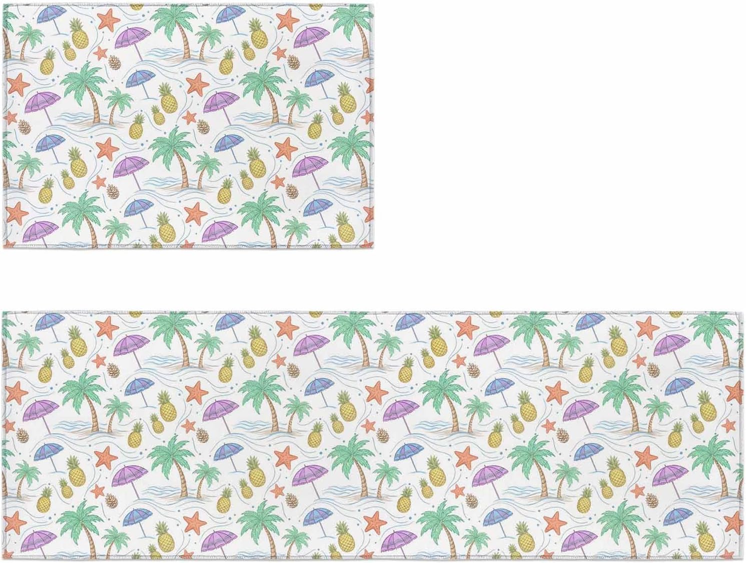 Kitchen Mats for Floor Summer Coconut Trees Pineapple Washable Non Slip Kitchen Rugs 2PCS, Beach Starfish Seamless Absorbent Standing Mats for Sink Bathroom Office Living Room 15.7x23.6in+15.7x47.2in