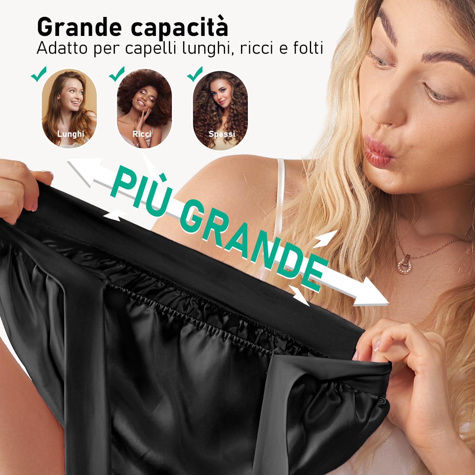 LitBear Cuffia da Notte per Donna in Seta di Gelso 100%, 6A 22 Momme, per Capelli Ricci e Lunghi, Doppio Strato con Fascia Regolabile, Elastico Incluso