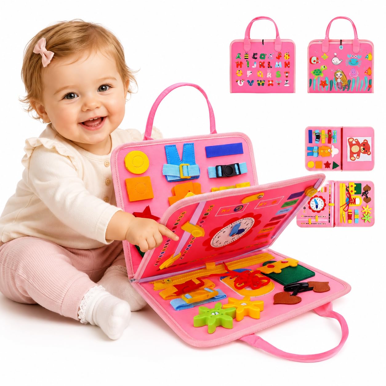 Montessori Busy Board for Toddlers Portable Soft Activity Book with Buckles Zippers Laces Buttons Clock Shapes Colours Numbers Alphabet and Carry Handles Fine Motor Learning Toy for Kids, Pink-image-19