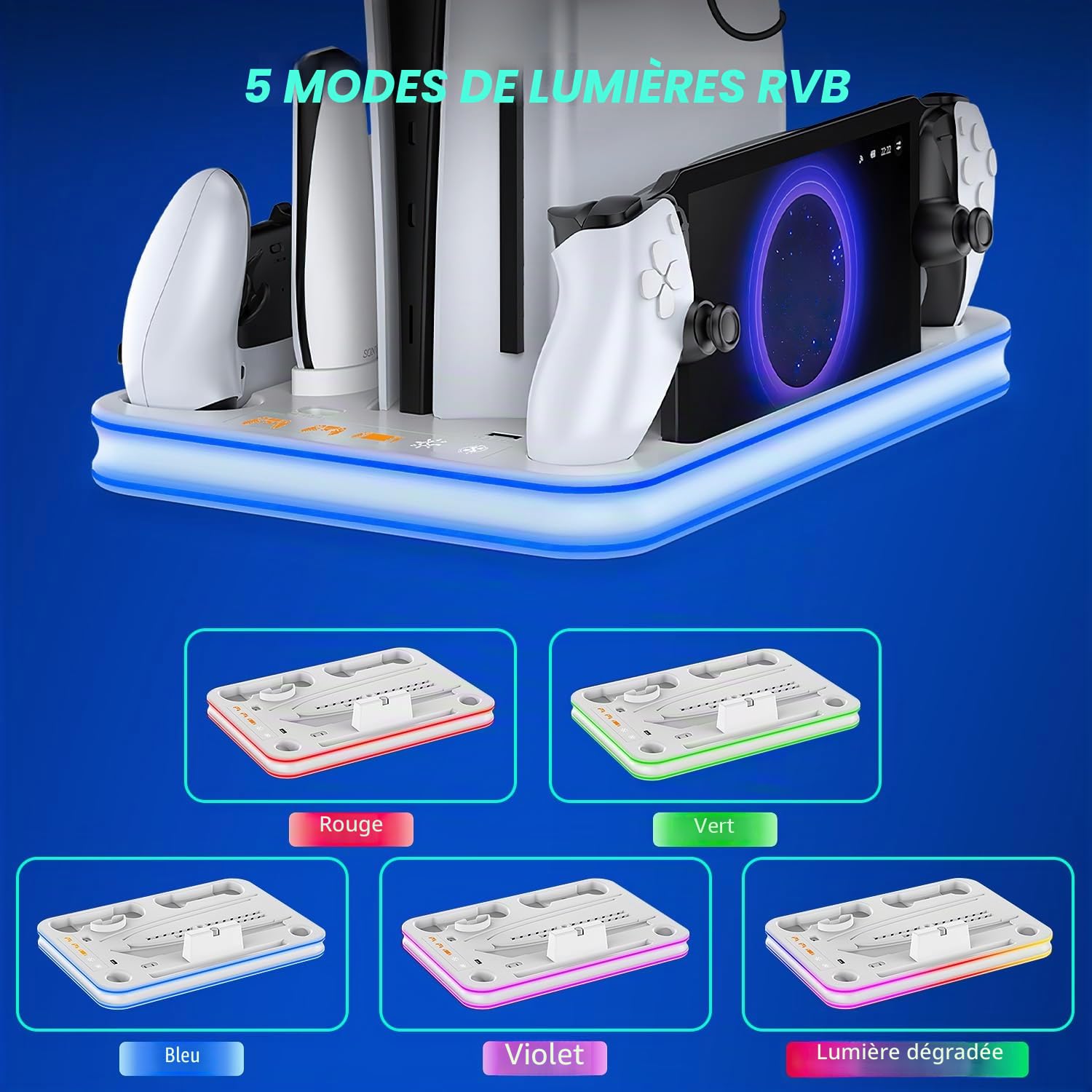 Sehawei Support Ventilateur de Refroidissement pour PS5 Pro/PS5/Slim | Ventilateur de Refroidissement PS5 à 3 Vitesses, Chargeur Manette PS5, PS Portal avec Indicateur RVB