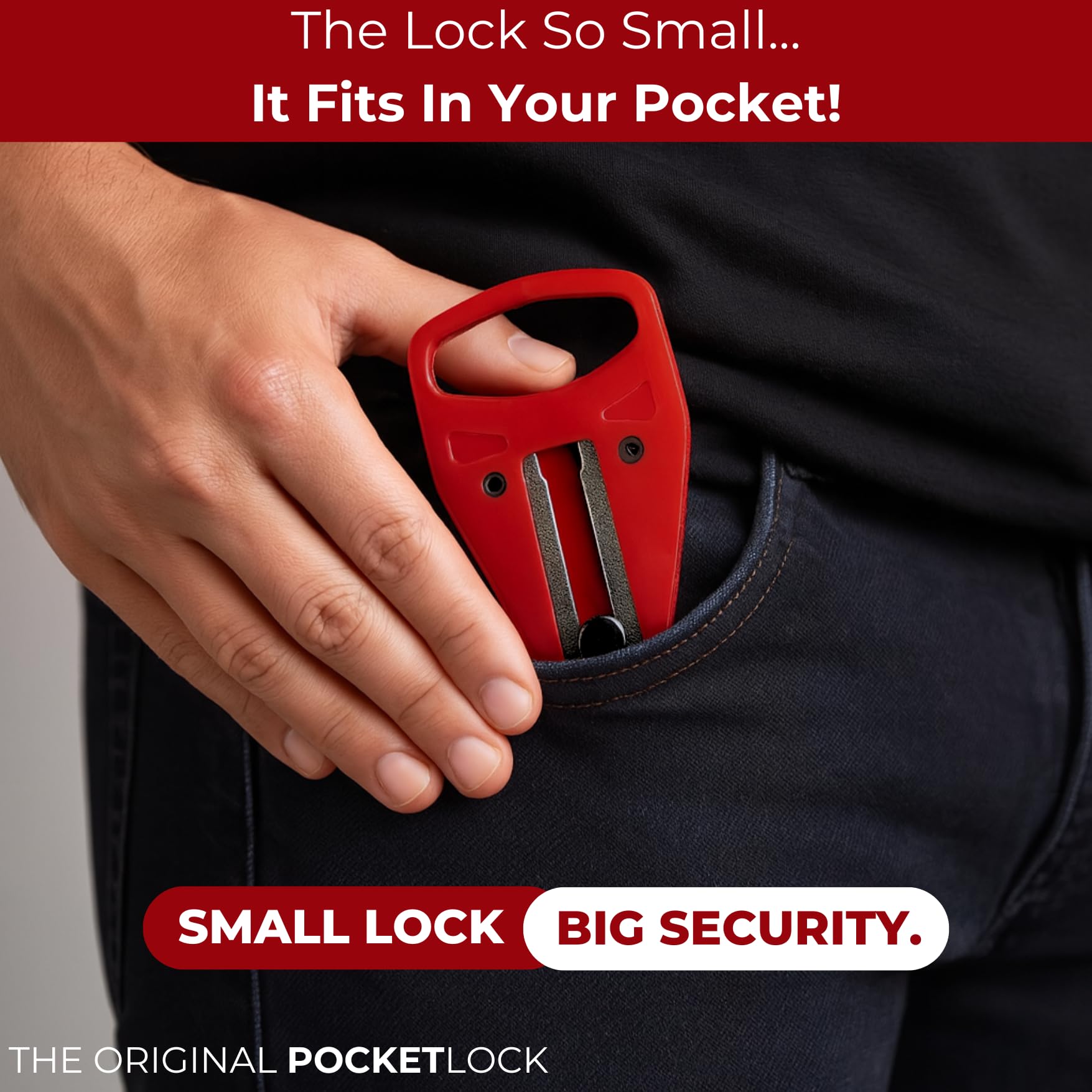 Juego de cerradura de puerta portátil + alarma de tope de puerta - Kit de seguridad de viaje para habitaciones de hotel, hogar, dormitorios y apartamentos - PocketLock (rojo, cerradura + alarma)