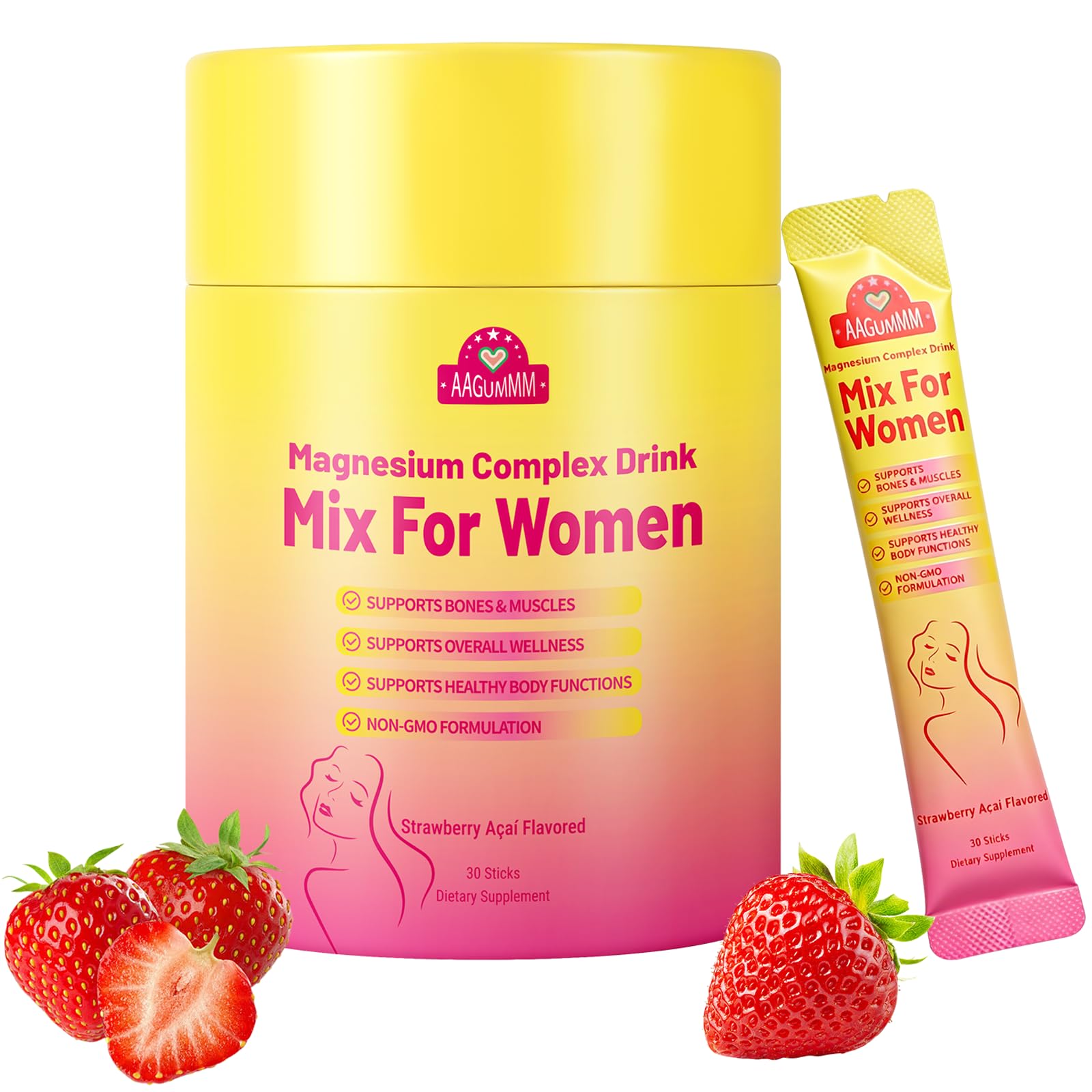 Women's Magnesium Complex Powder Supplement,Strawberry Flavor–30 Sticks