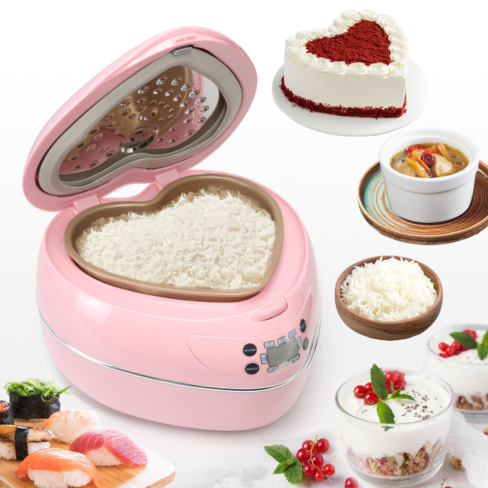 Cuociriso a forma di pesca 6 in 1 cuociriso rosa intelligente e carino cuociriso con rivestimento antiaderente, timer preimpostato e funzione di mantenimento automatico del calore, ideale come regalo