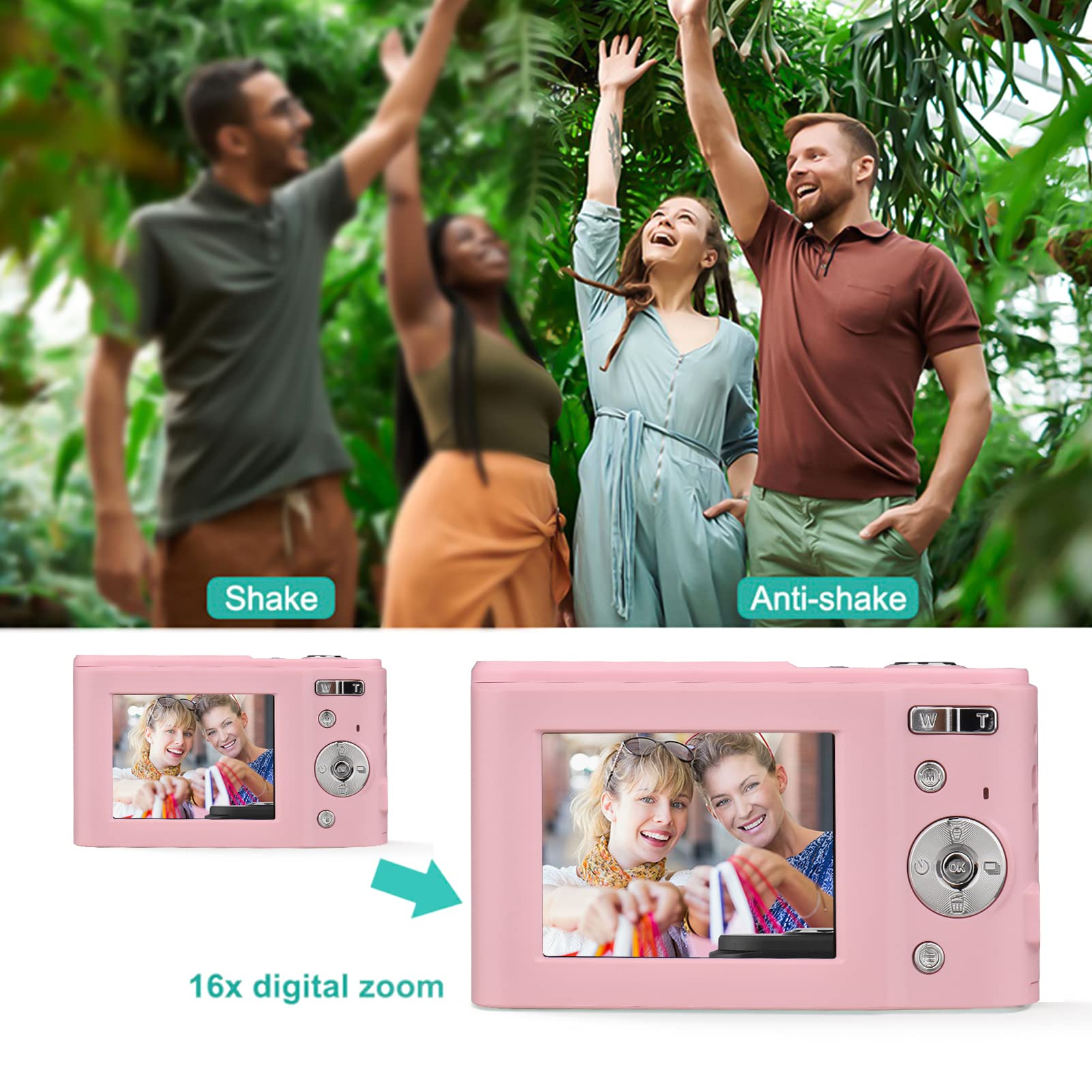 Andoer Aparat cyfrowy z autofokusem, 48 MP, 1080p, 2,4", aparat cyfrowy z 2 bateriami, pasek na rękę, torba do przenoszenia, dla dzieci, młodzieży, początkujących, studentów, różowy