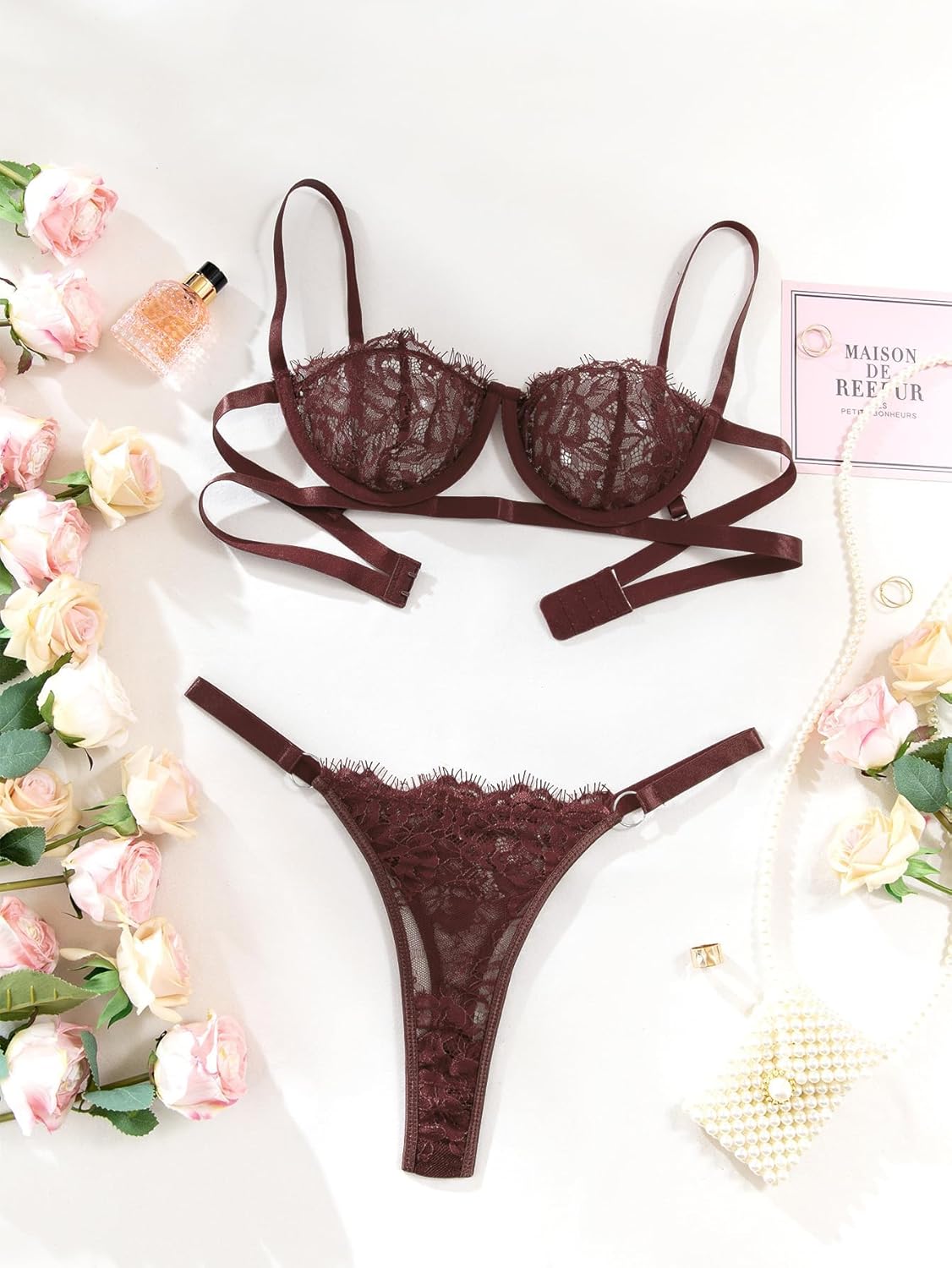 Lilosy Sexy Eyelash Underwire Floral Lace Sheer O Ring Linked Cutout Lingerie Set - Image 7