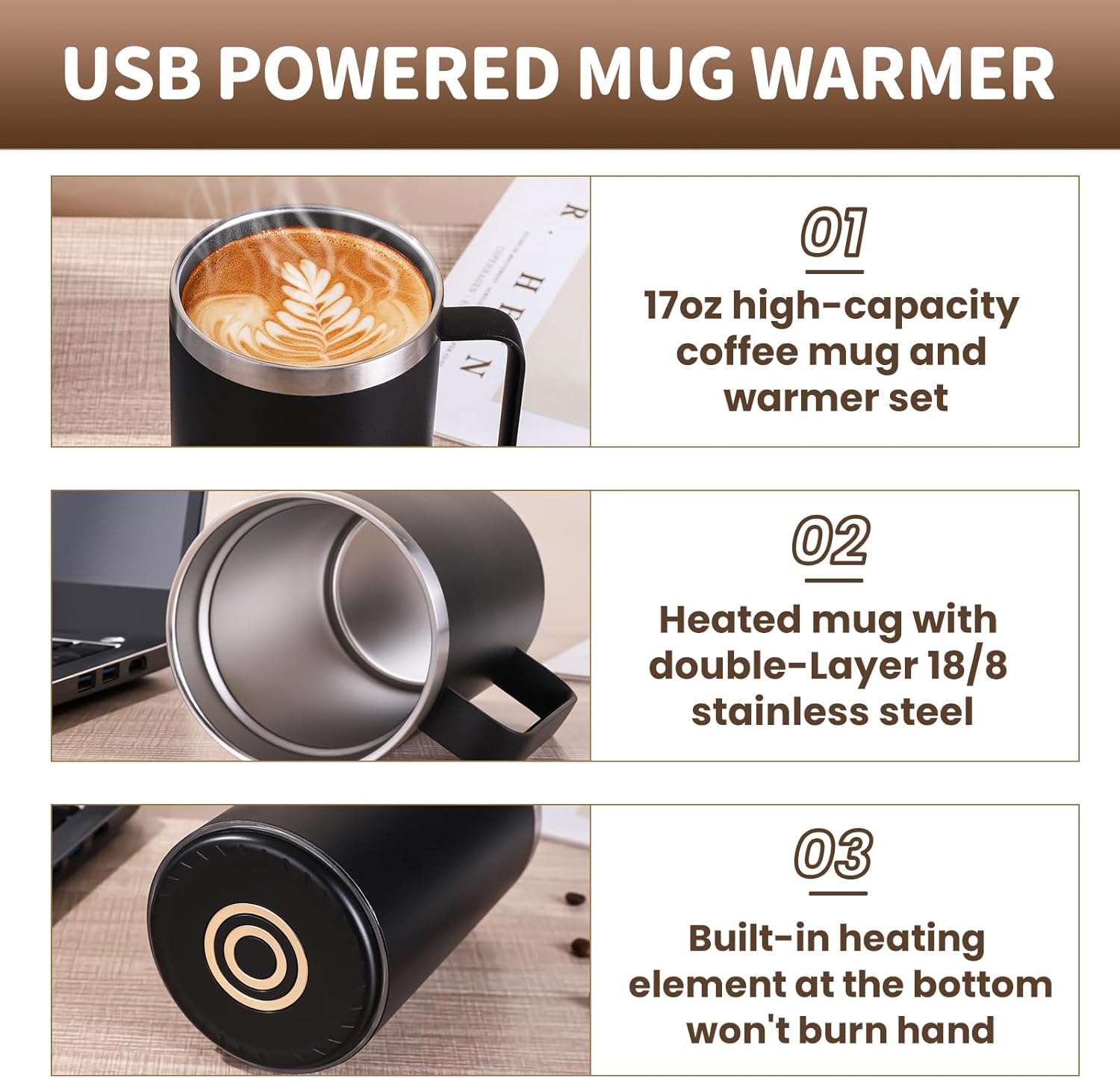 Smart Temperature Control Coffee Mug for Desk,Heated Cup with 10Hrs Auto Shut Off, USB Powered Mug Warmer Set (17oz-Black)