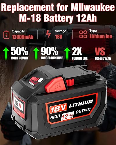 Miniatura 2 de HOCHSTERN Reemplazo de 18 V 12.0Ah para batería Milwaukee M-18 de alto rendimiento compatible con baterías Milwaukee de 18 voltios 48-11-1862