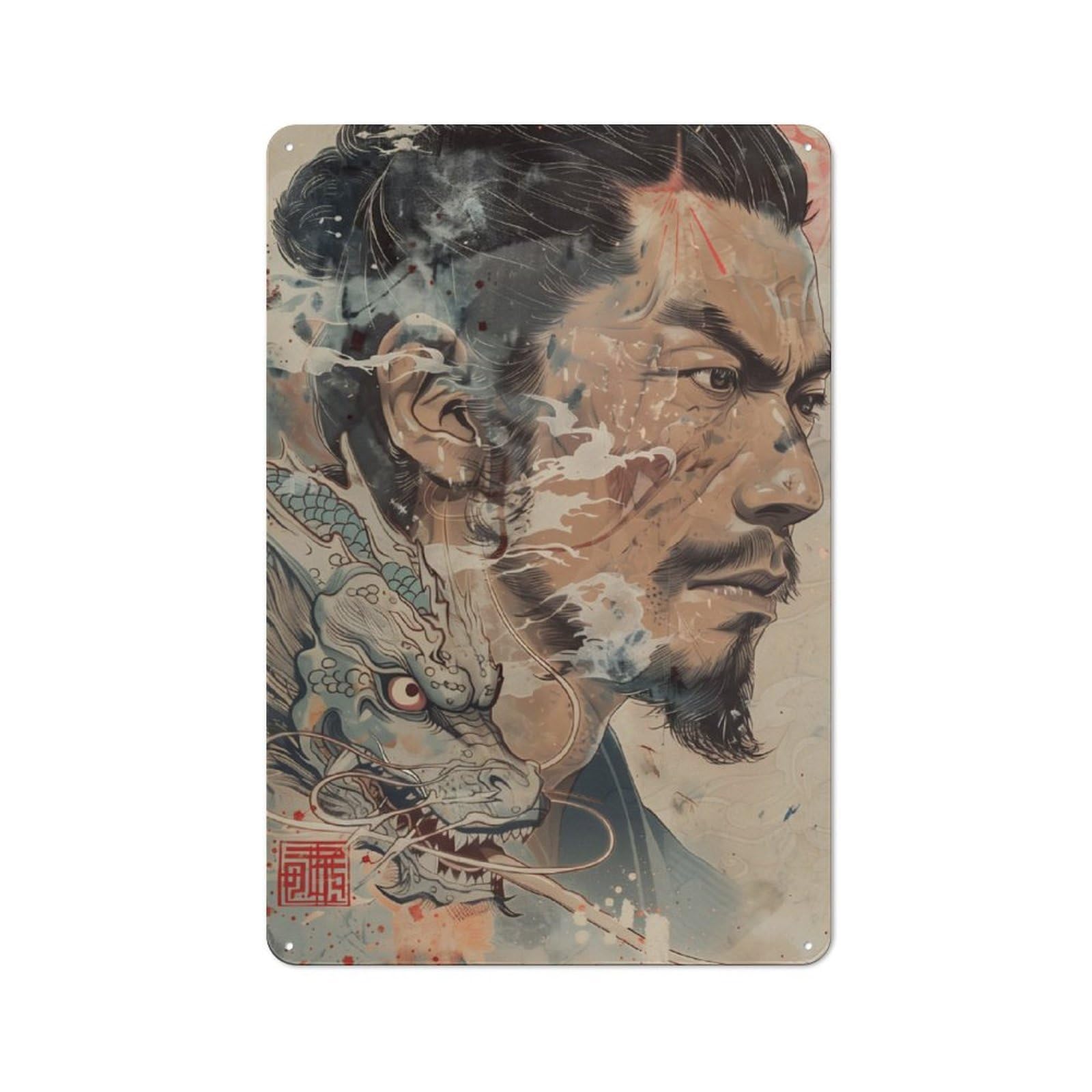 Japanese Man Dragon Metal Wall Art Sign 30x20cm, Modern Retro Urban Room Decor for Modern Home, Workshop, Office Or Cafe