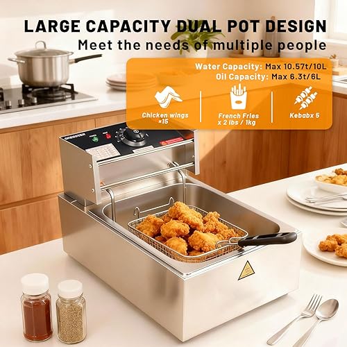 Miniatura 6 de Freidora comercial con canastas, 1500 W, 9.1 cuartos de galón8 L, desmontable de gran capacidad, de acero inoxidable, freidora de aceite eléctrica