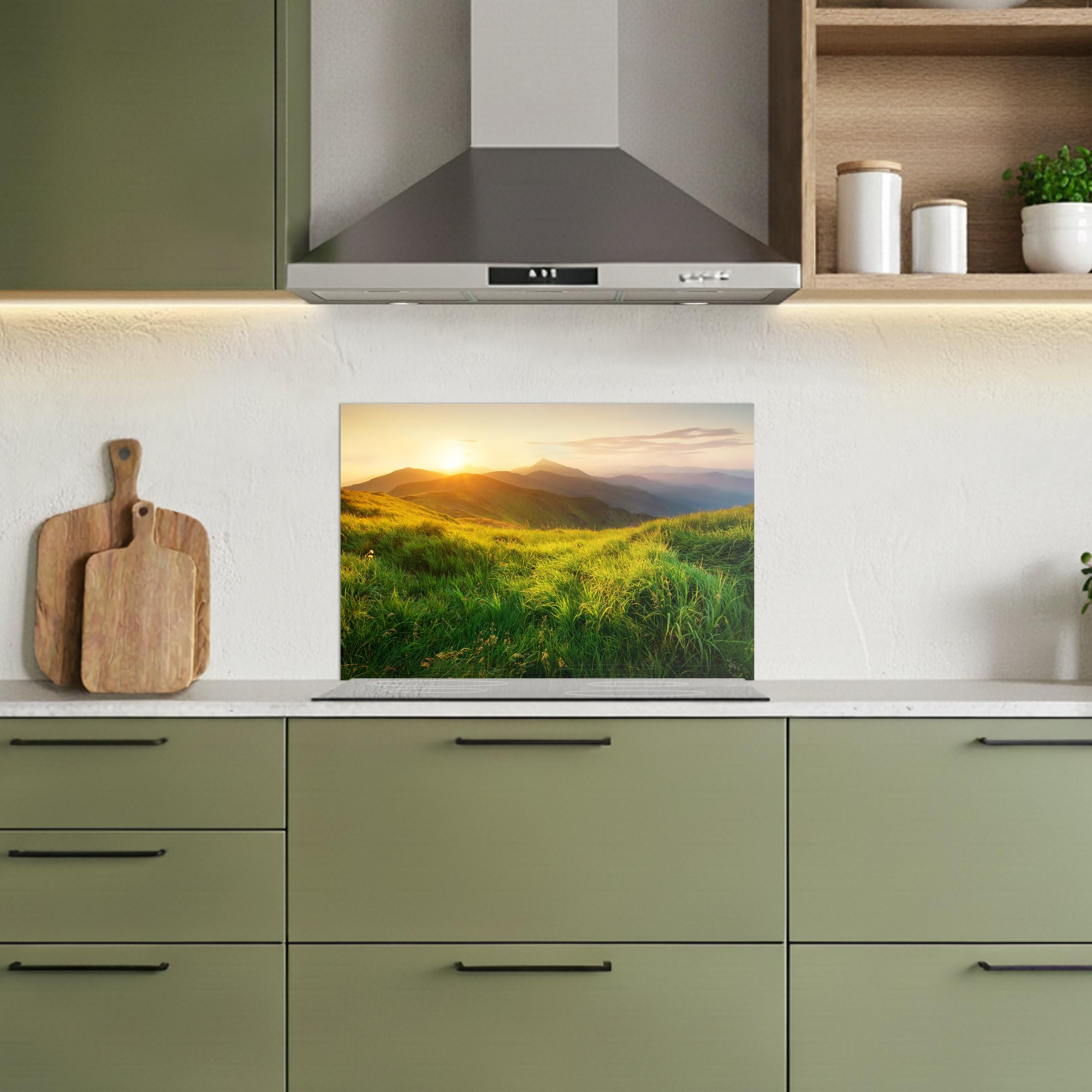 KitchenYeah© Credence Adhesive Pour Cuisine 40x60 cm Panneau Mural Adhesif Fond De Hotte Plaque Pvc Murale Peel And Stick Protege Mur Herbe - Collines - Soleil - Nature - Paysage