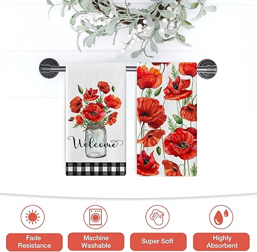 Miniatura 6 de Seliem Welcome Spring - Juego de 2 toallas de cocina con diseño de flores de amapola y flores rojas toalla de mano floral de búfalo a cuadros paño
