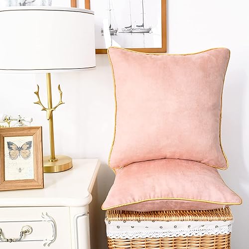 Miniatura 3 de CaliTime Juego de 2 fundas de cojín decorativas de gamuza sintética súper suaves con borde dorado con ribete dorado para sofá, cama, sofá, granja,