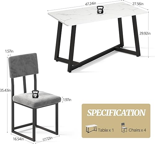 Miniatura 6 de Juego de mesa de comedor de 5 piezas para 4, moderna mesa de cocina de mármol sintético de 47.24 pulgadas con 4 sillas de terciopelo, elegante juego