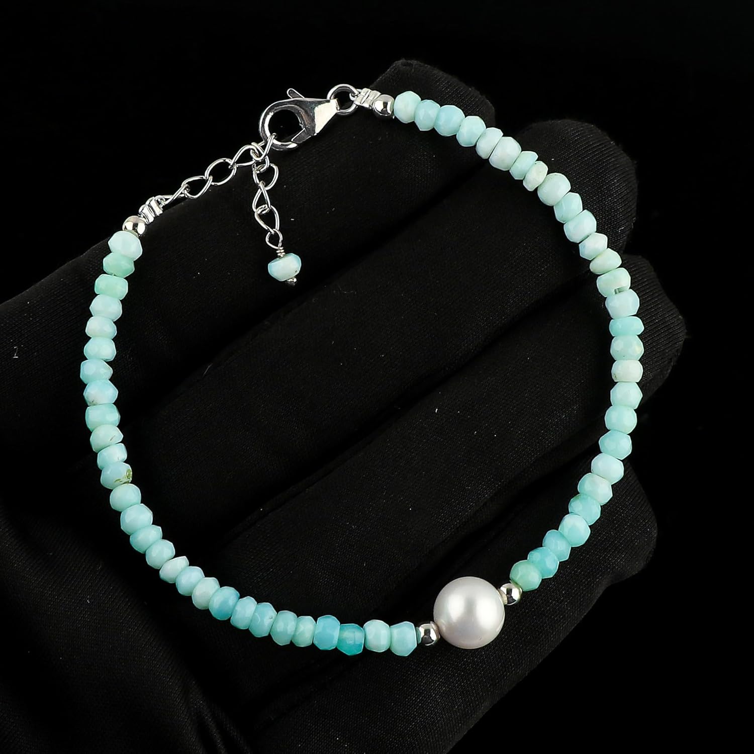 CRYSTALIS Natural Peruvian Opal Beads Adjustable Bracelet with Elegant Pearl, High Grade Gemstones, Chakra Healing Stones, Gift Giving Jewelry, 925 Sterling Silver Womens Bracelet 8 inch