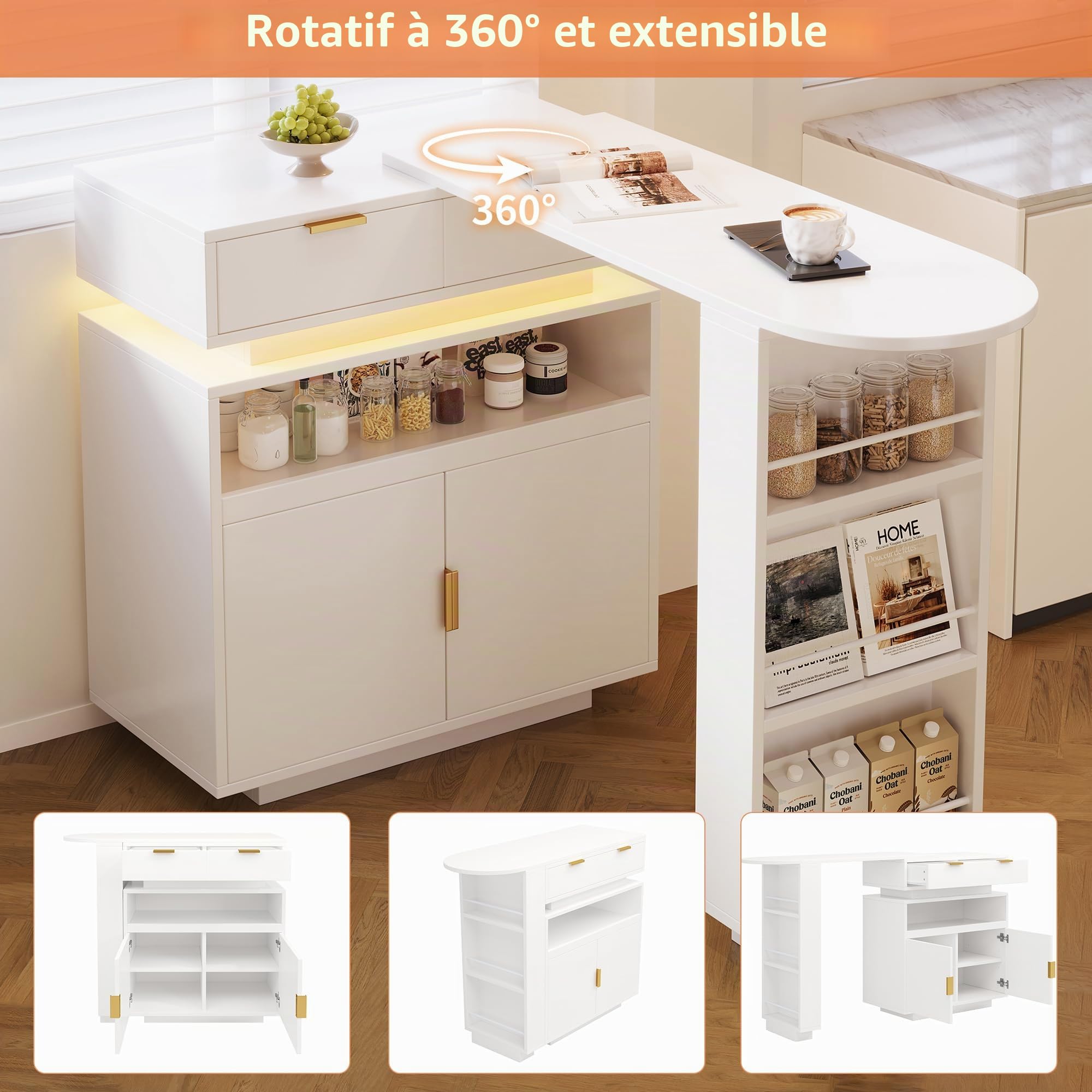 Meuble Bar Rotatif Extensible 115-183cm,îlot de Cuisine avec rangements,LED,Rotation 360,Table Extensible–Bar à café Mobile pour Cuisine et Salle à Manger,Blanc