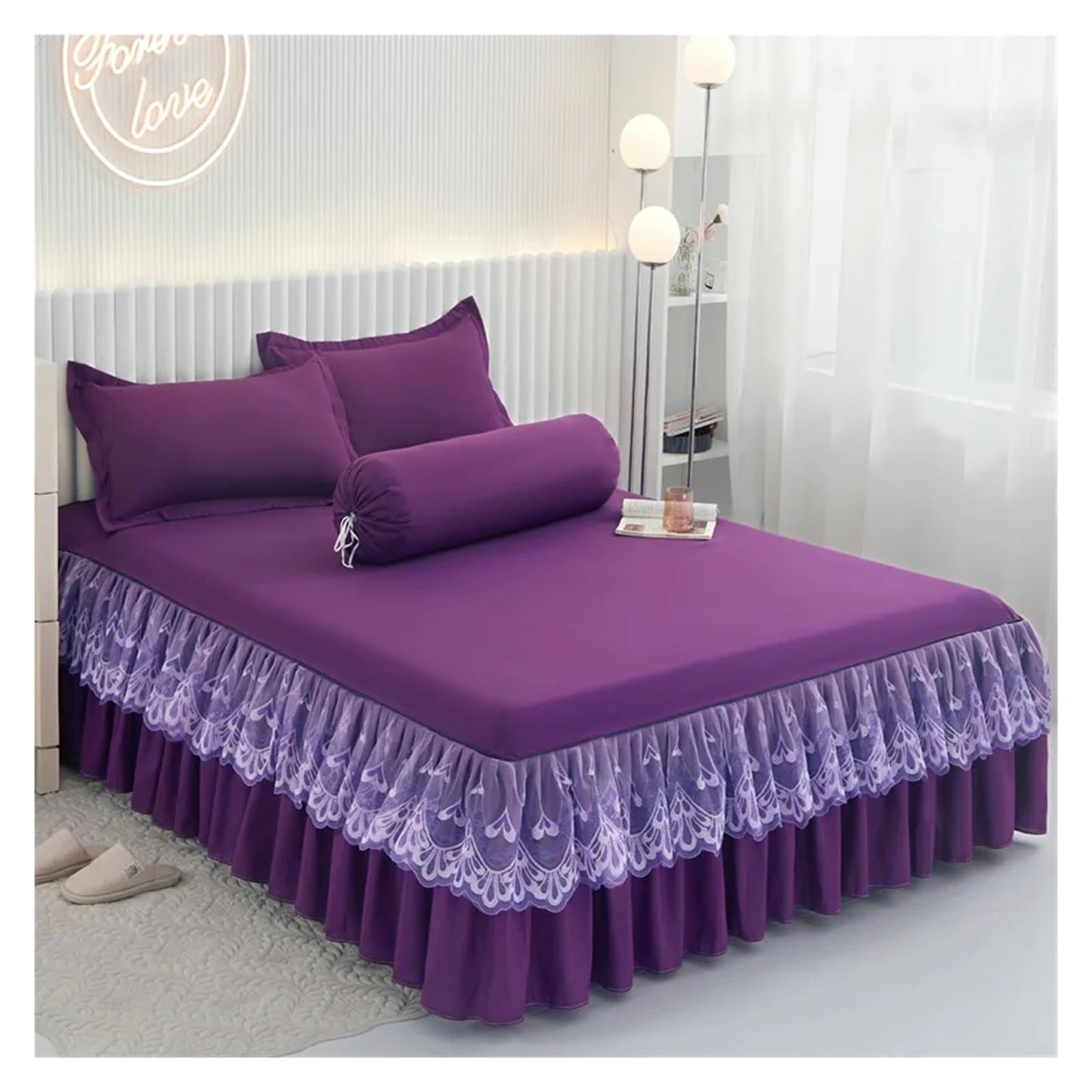 Ruffles Bed Skirt with Pillowcase Solid Mattress Cover Bedclothes Fitted Bed Sheet Single Double Size Home Textile(Dark purple,180x200cm-3pc)