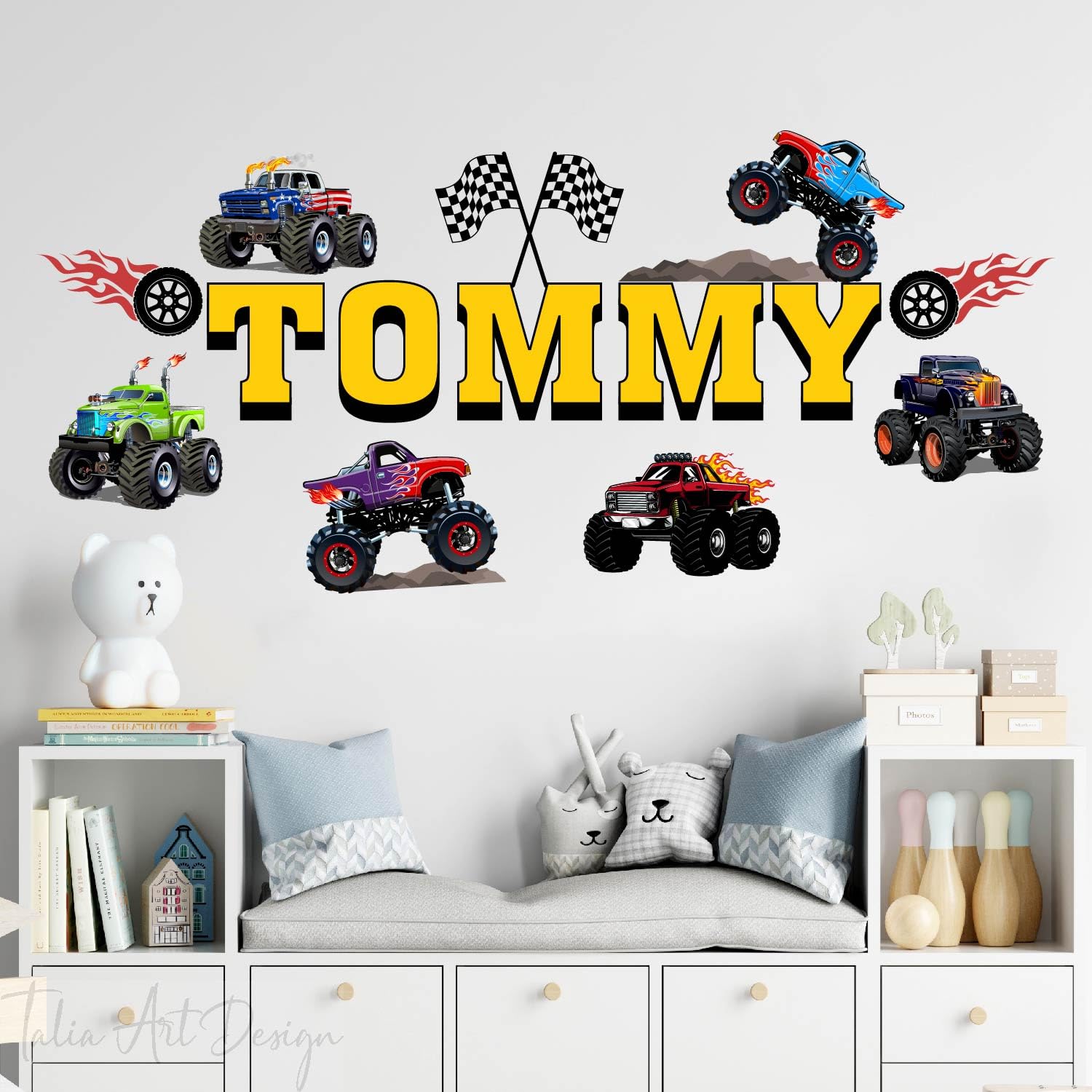 Monster Truck Wall Decal with Custom Name, Kid Wall Sticker for Kids Room, Nursery or Playroom