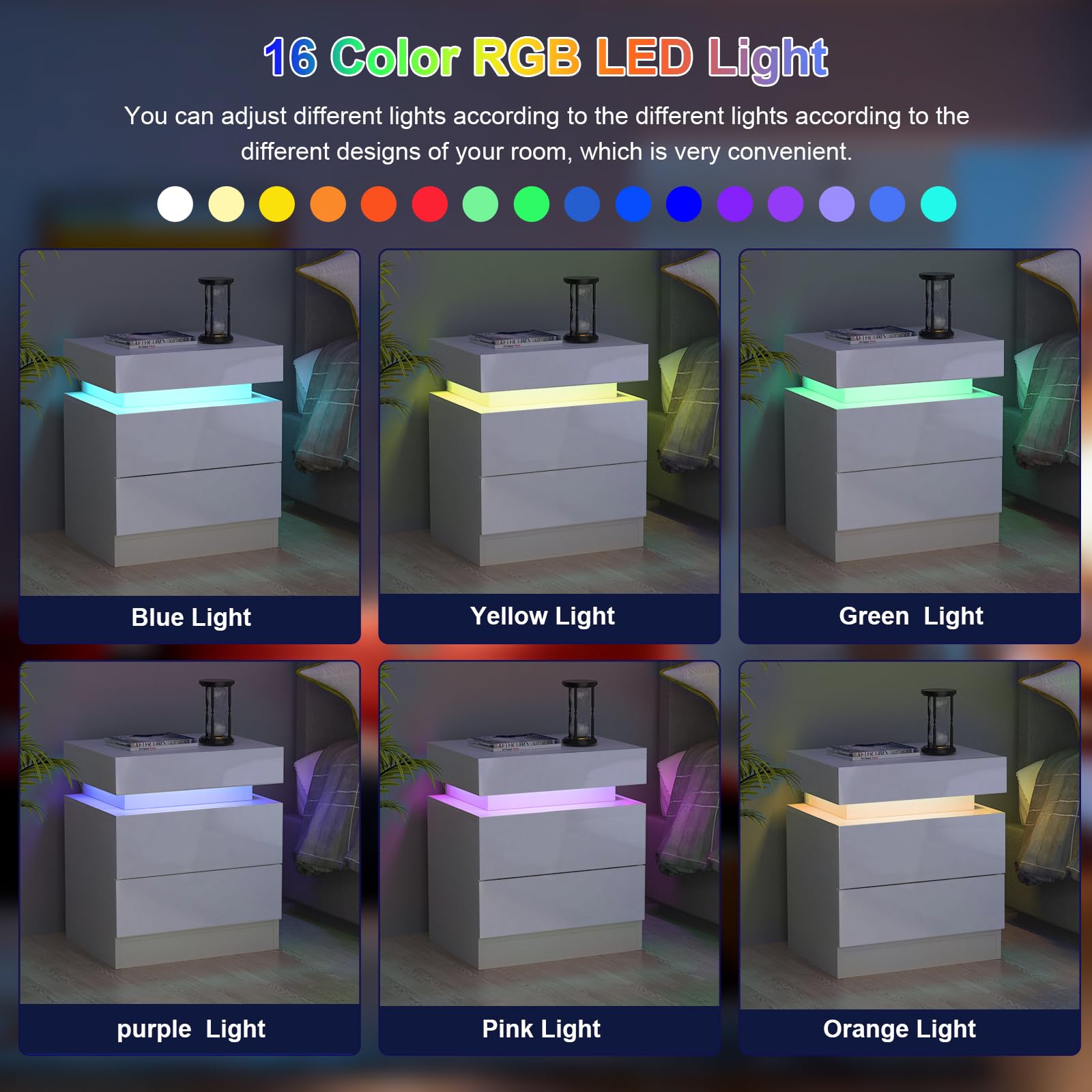 AUNEK LED Nachttisch Mit RGB-Beleuchtung & 2 Schubladen – Hochglanz Weiß, Inkl. Fernbedienung