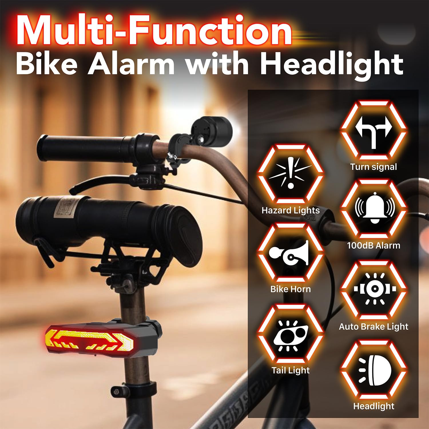 Fosmon – Luz Trasera para Bicicleta 5 en 1 con Faro Delantero, Alarma 110dB, Intermitentes, Luz de Freno Automática, Timbre, Mando a Distancia, Recargable por USB-C, Antirrobo IP65