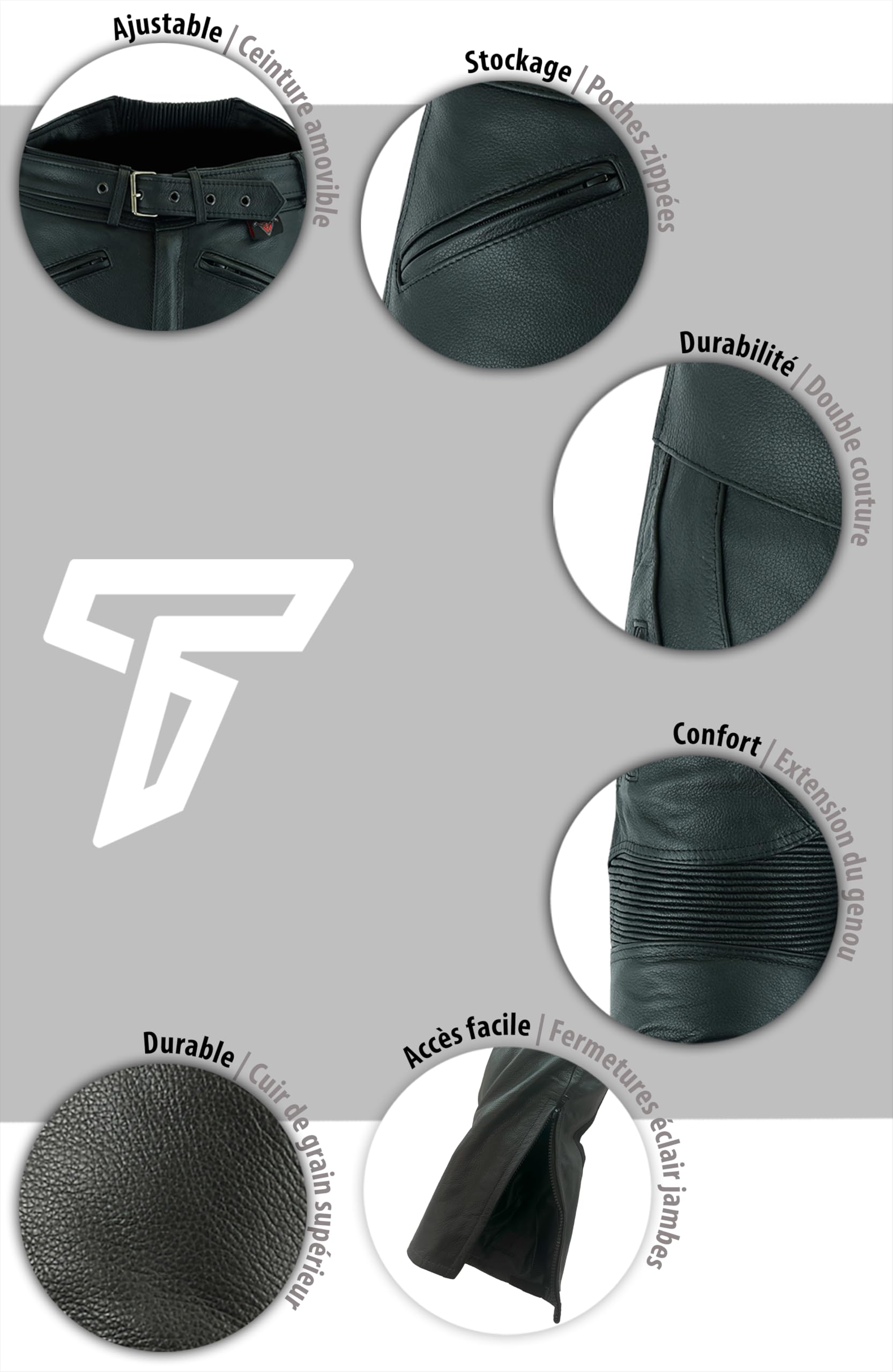 Texpeed Pantalon moto hommes - De tourisme en cuir pour Moto Cruiser avec protection authentique biker CE armor (EN 1621-1) Noir - (L Taille/Jambe Courte)