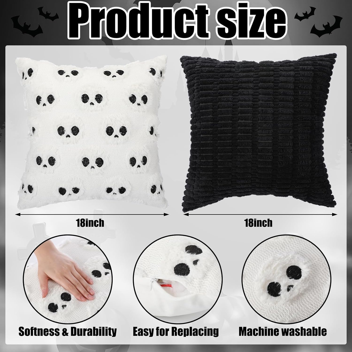 Set of 4 Black White Pillow Covers 18x18 Inch Skull Soft Plush Decorations Spooky Skeleton Gothic Throw Pillow Couch Cushion Covers for Bed Halloween Home Sofa Couch Living Room
