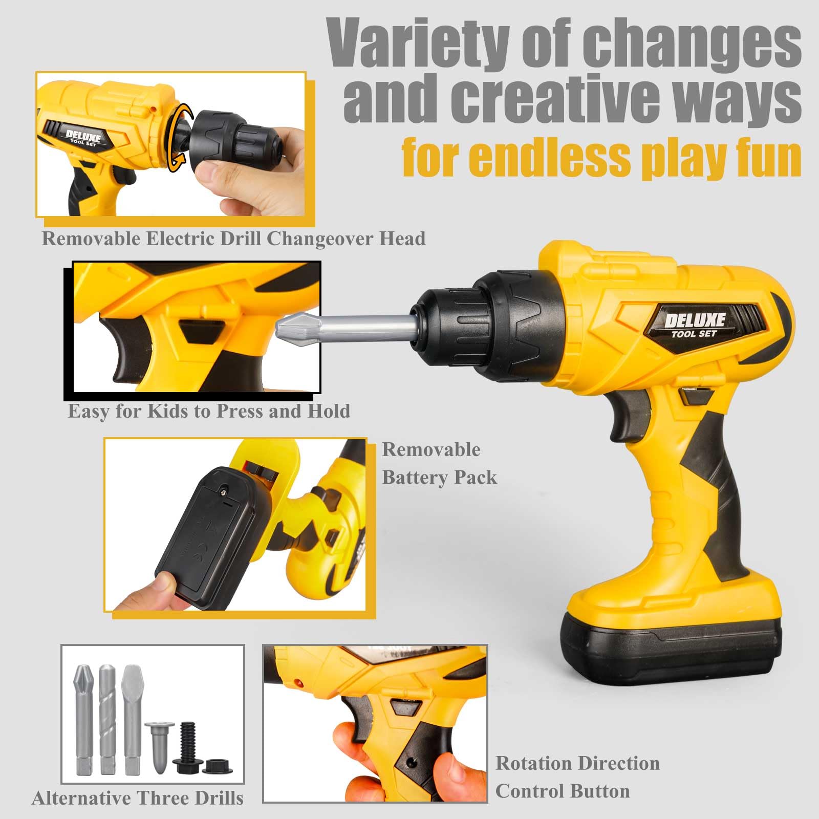 Zealous 48pcs Kids Tool Set with Tool Box & Electronic Toy Drill, Pretend Play Kids Construction Kits for Kids Ages 3-5 Years Old, Toddler Boy Toys (Yellow)