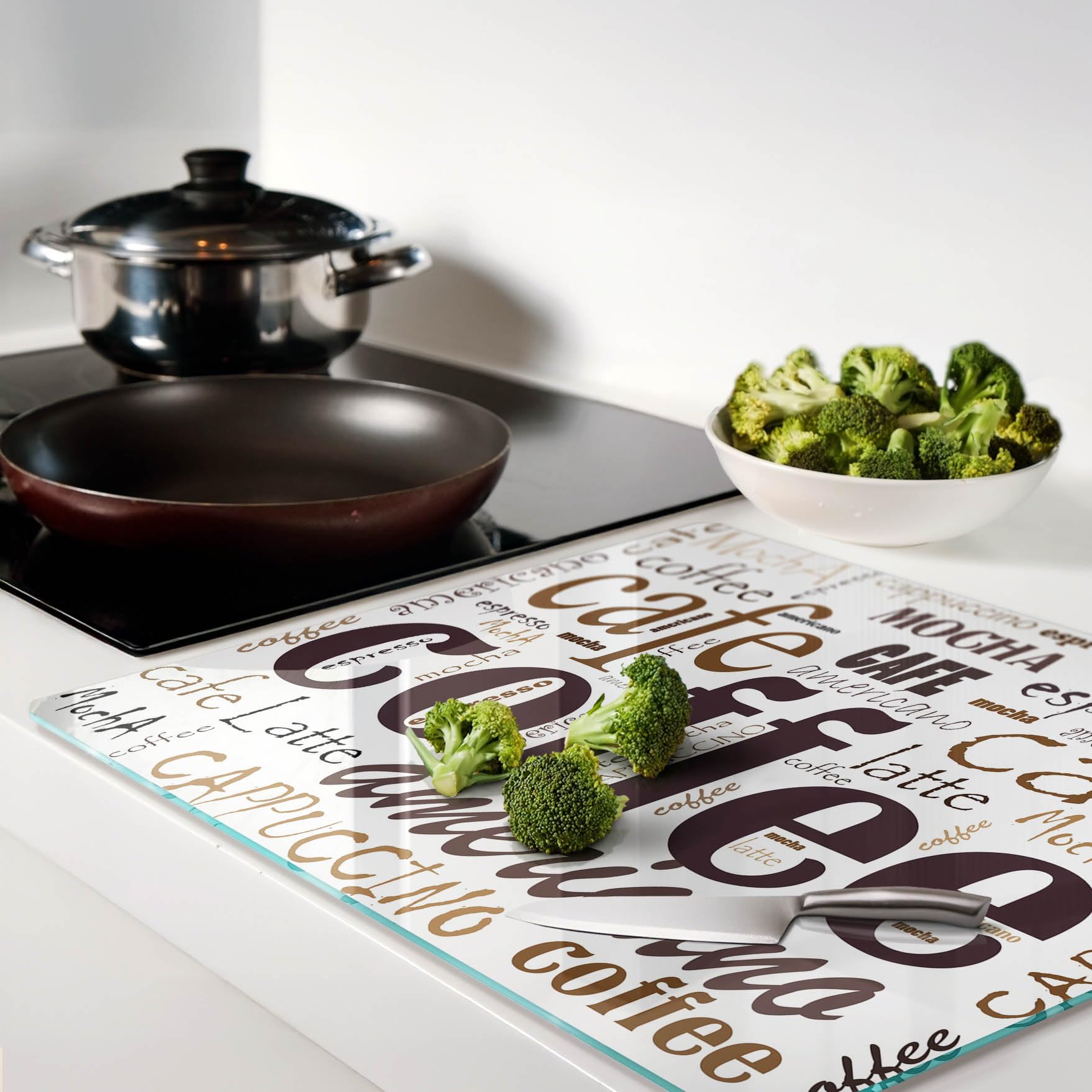 Planche à Découper pour la Cuisine 60x52 cm Résistant à la Chaleur Contact Alimentaire Modernité Symétrique Pieds Antidérapants Décoration Avec Impression Bords Polis - Café
