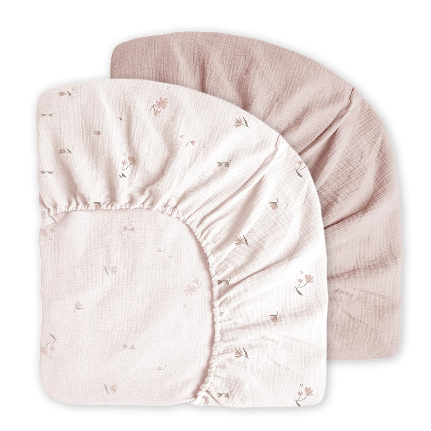 Little Grape Land Muslin Crib Sheets, 100% Cotton Sheets 2 Pack for Standard Crib and Toddler Bed Mattress, 52"x28" Soft Breathable Neutral Crib Sheets Fitted for Boys Girls(Fog Flower)