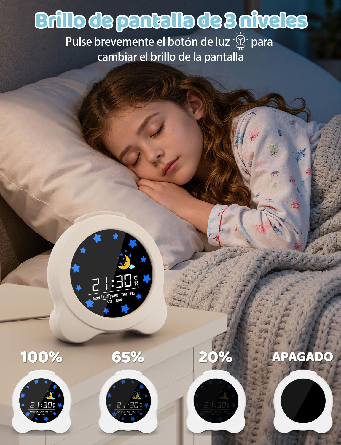 YISSVIC Despertador Infantil 2 Alarmas Brillo Ajustables 3 Volumenes 6 Músicas, Reloj Despertador Digital Función de Repetición Entrenamiento del Sueño para Niños