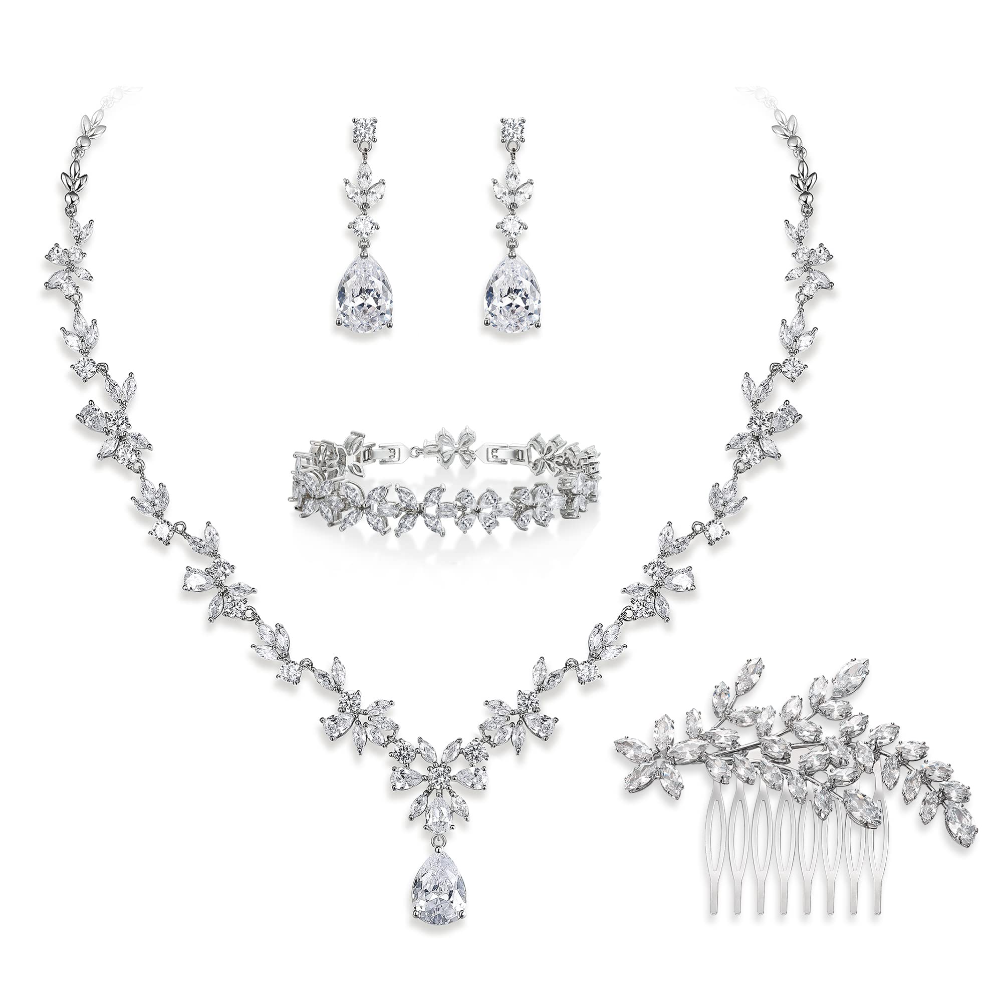 EVER FAITH Hochzeit Schmuck-Set für Damen, Cubic Zirkonia Mode floralen Blatt Rebe Halskette und baumeln Ohrringe Set Silber-Ton
