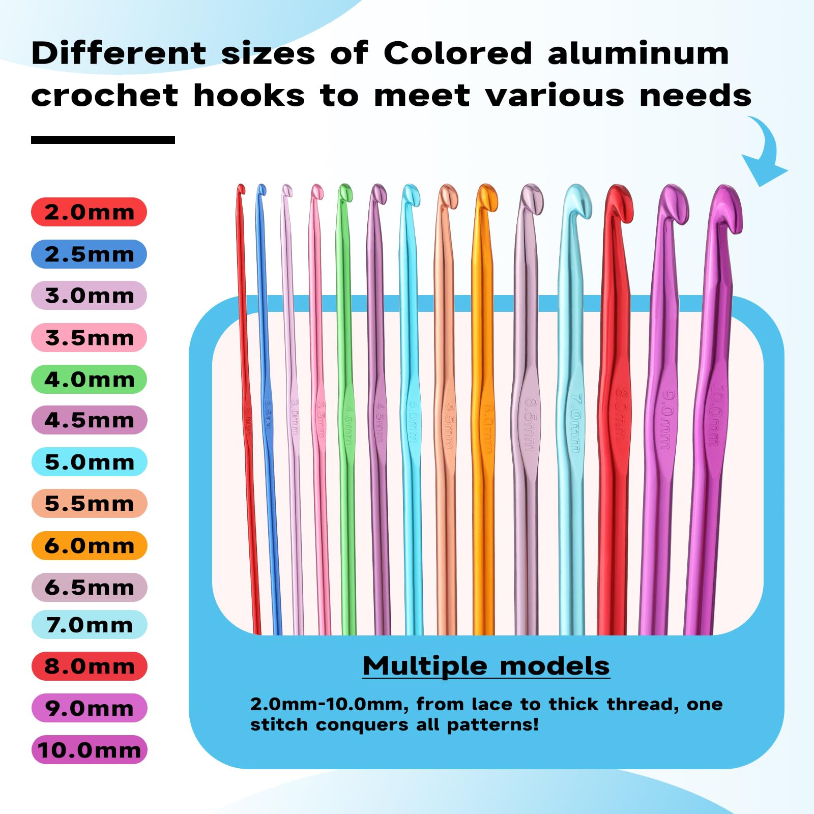 Mayboos Juego de 35 agujas de ganchillo, mango ergonómico de aluminio de colores, agujas de tejer para ganchillo para principiantes y experimentados ganchos de ganchillo